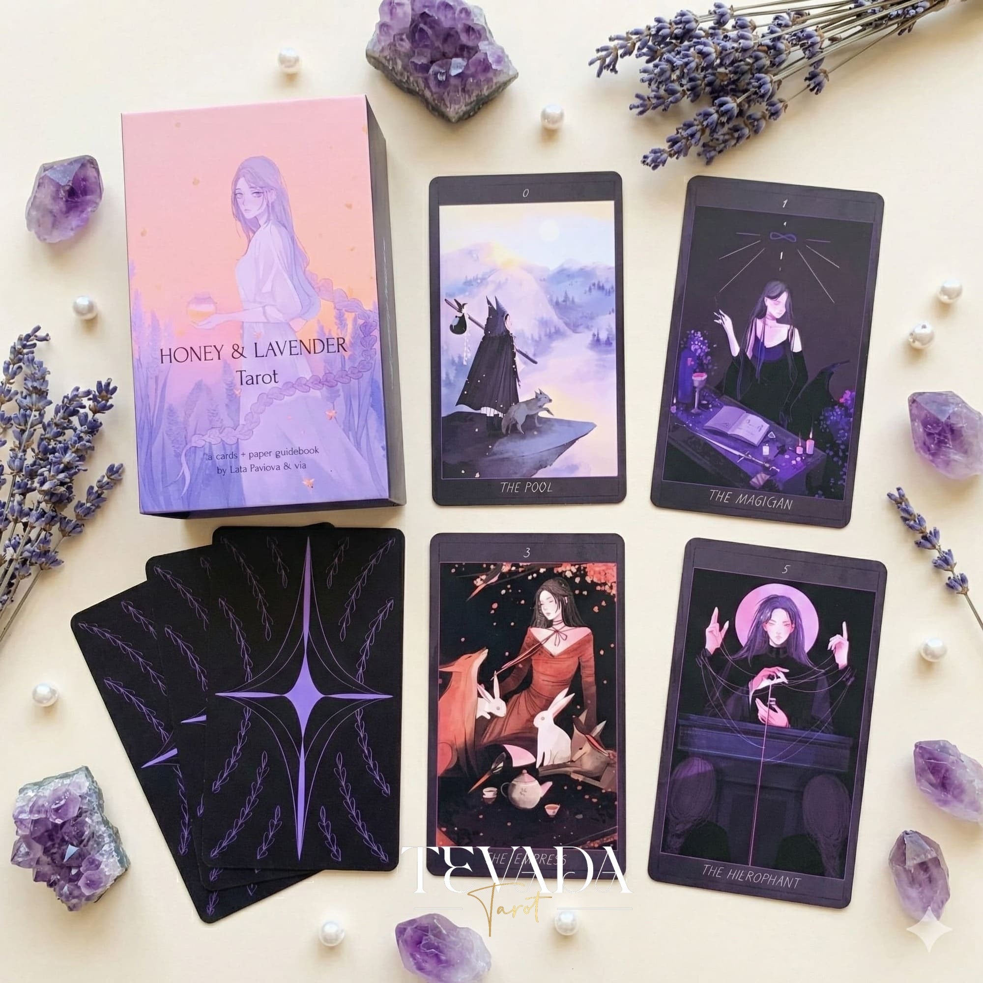 Honey and Lavender Tarot Deck featuring soft gothic Asian style art for shadow work and intuitive healing.