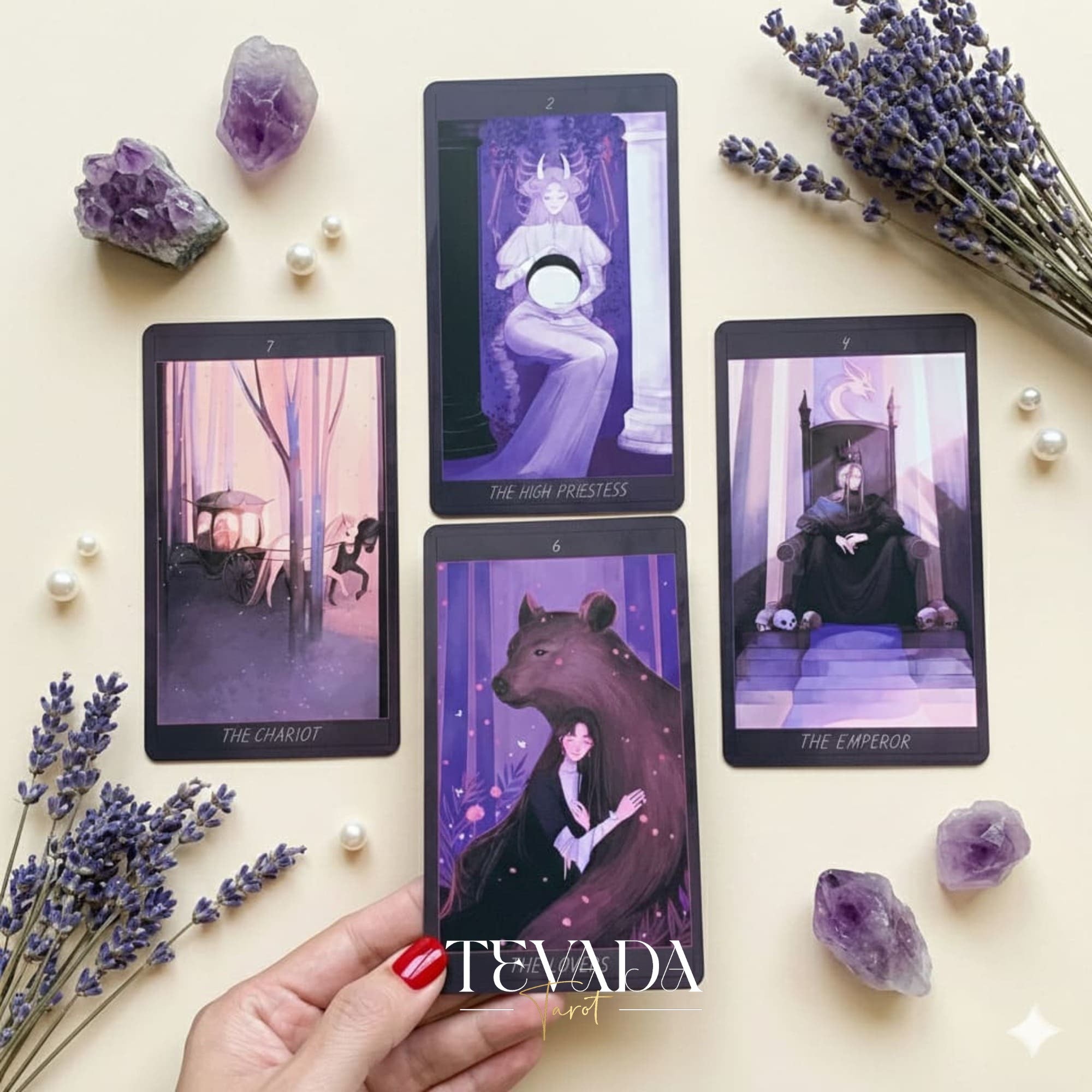 Honey and Lavender Tarot Deck featuring soft gothic Asian style art for shadow work and intuitive healing.
