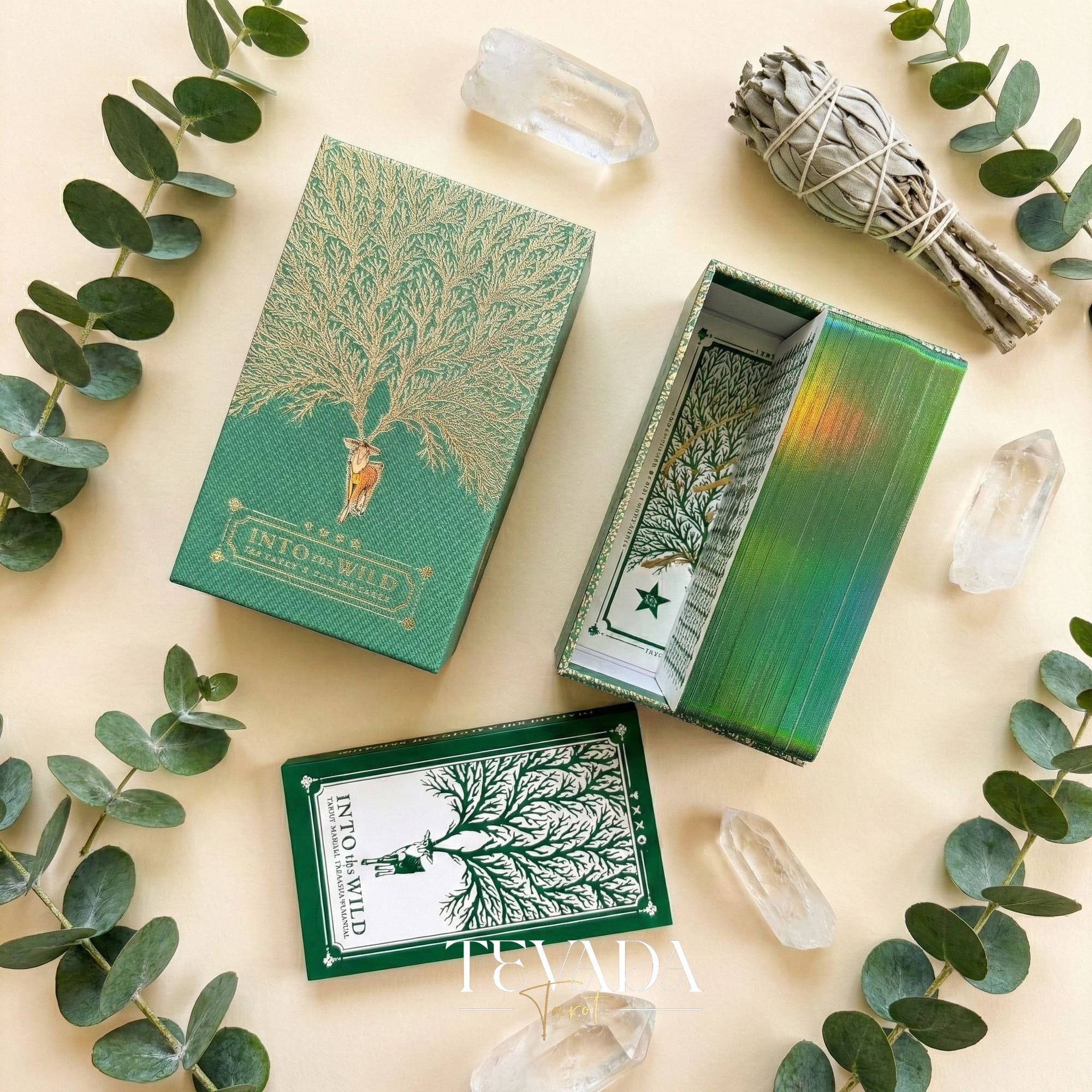 Into the Wild Tarot EMERALD ver featuring whimsical cartoon animals and green holographic edges for healing guidance.