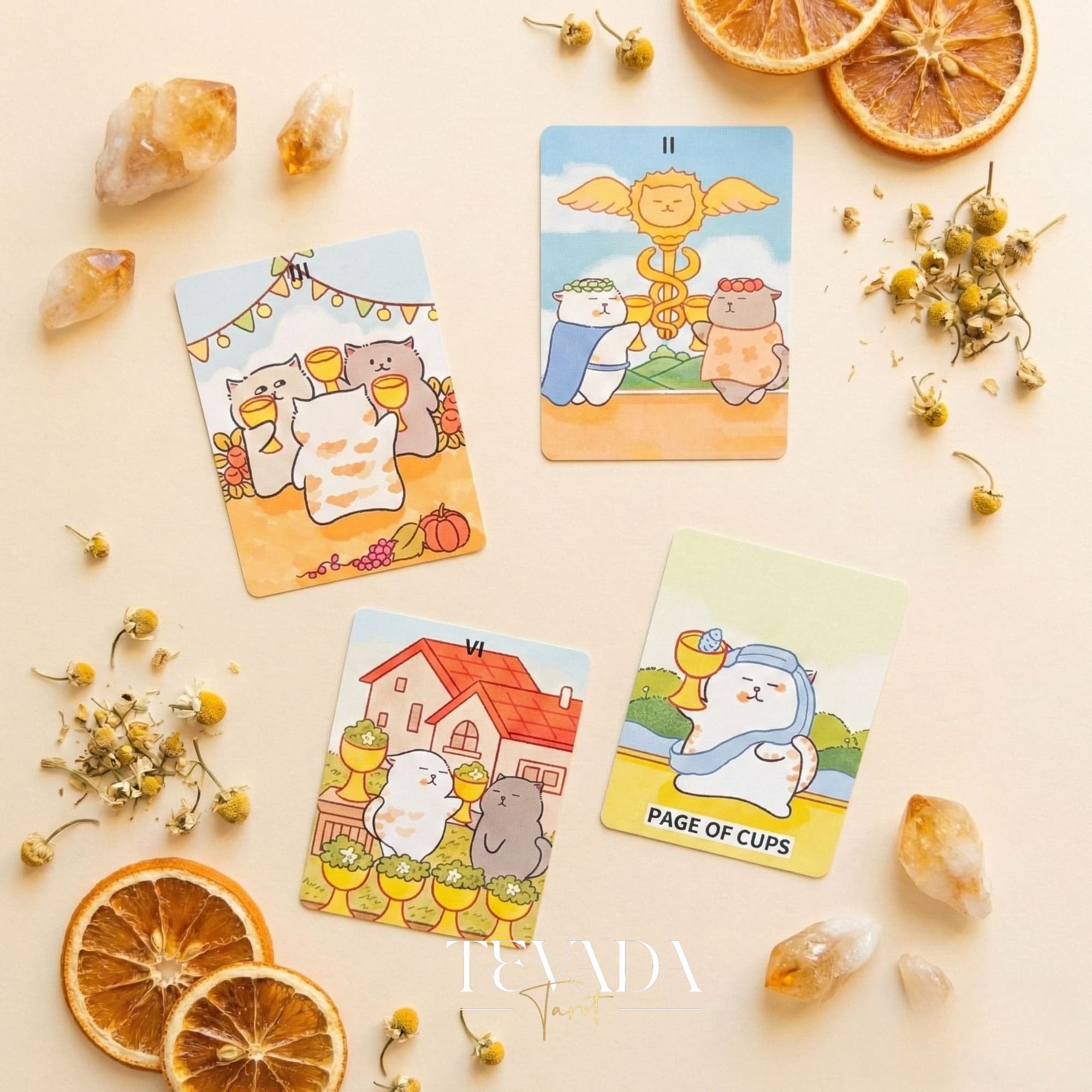 Jeu de tarot Jiuyujiang Chubby Cat avec des chatons de dessins animés amusants et des cartes de poche pour une divination légère.