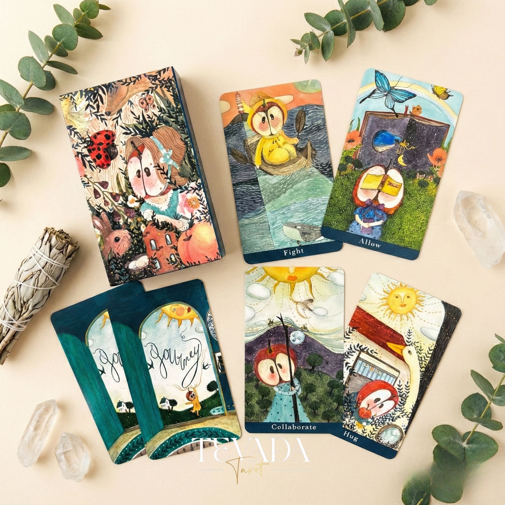 Journey Oracle Deck Gold Edt whimsical watercolor Indie Oracle Cards with gold edges for visual healing and shadow work.