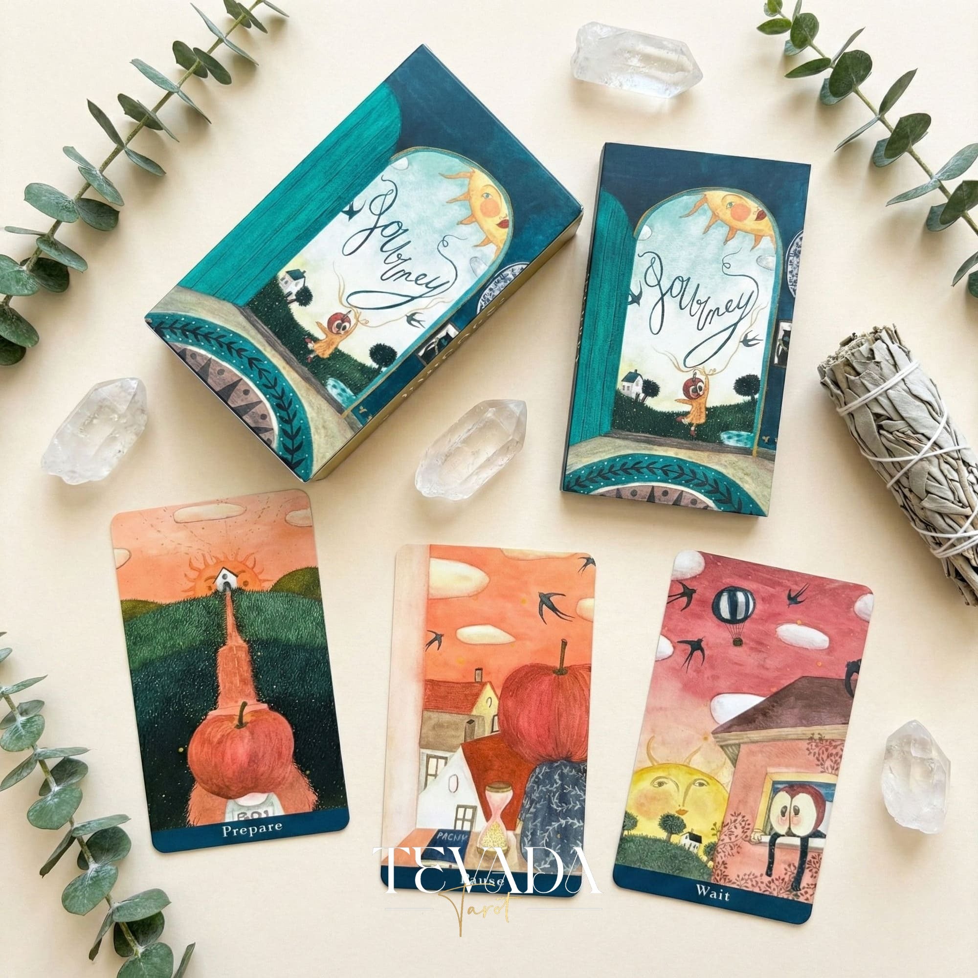 Journey Oracle Deck Gold Edt whimsical watercolor Indie Oracle Cards with gold edges for visual healing and shadow work.