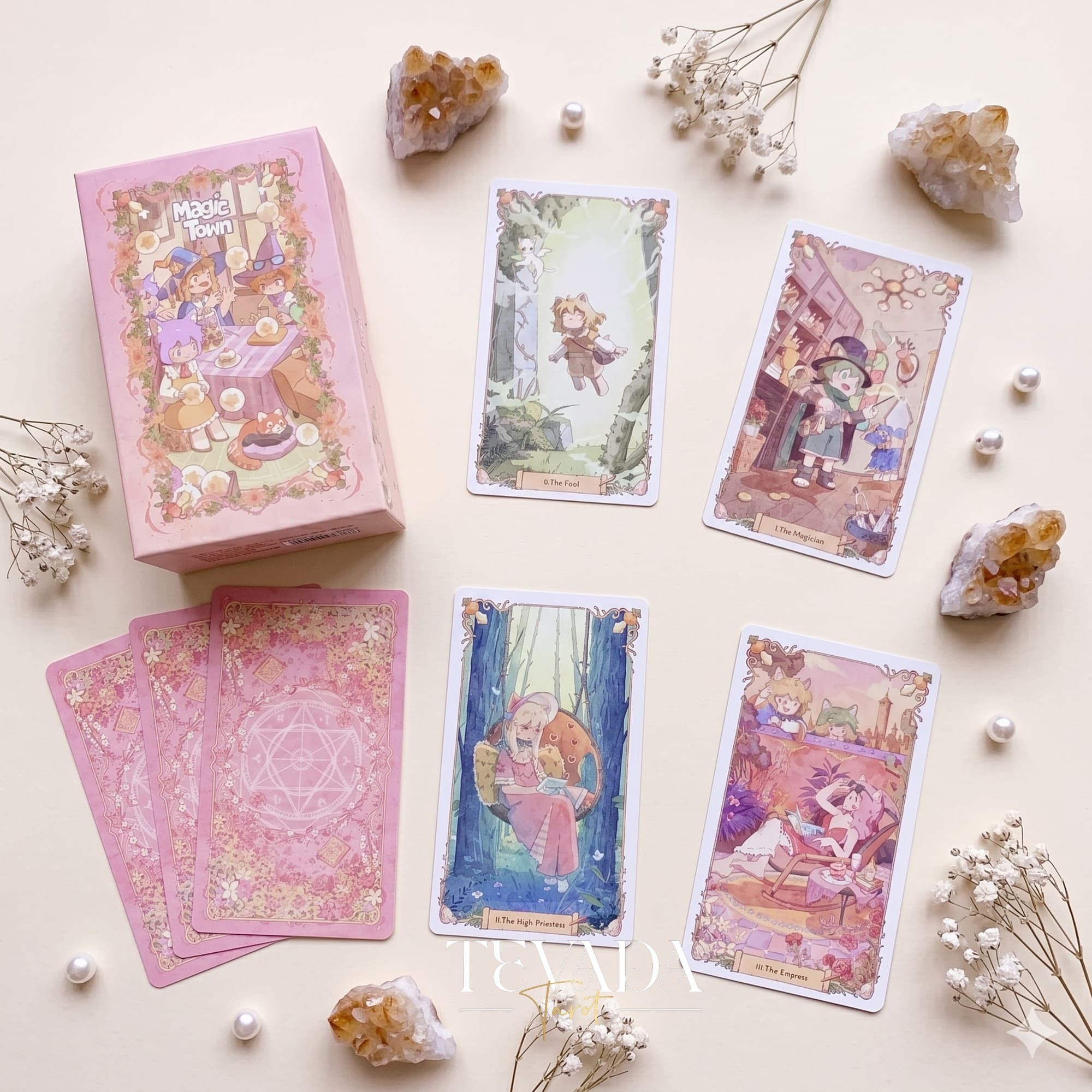 Magic Town Tarot DELUXE adorable pastel animal indie tarot deck for inner child healing and daily reflection.