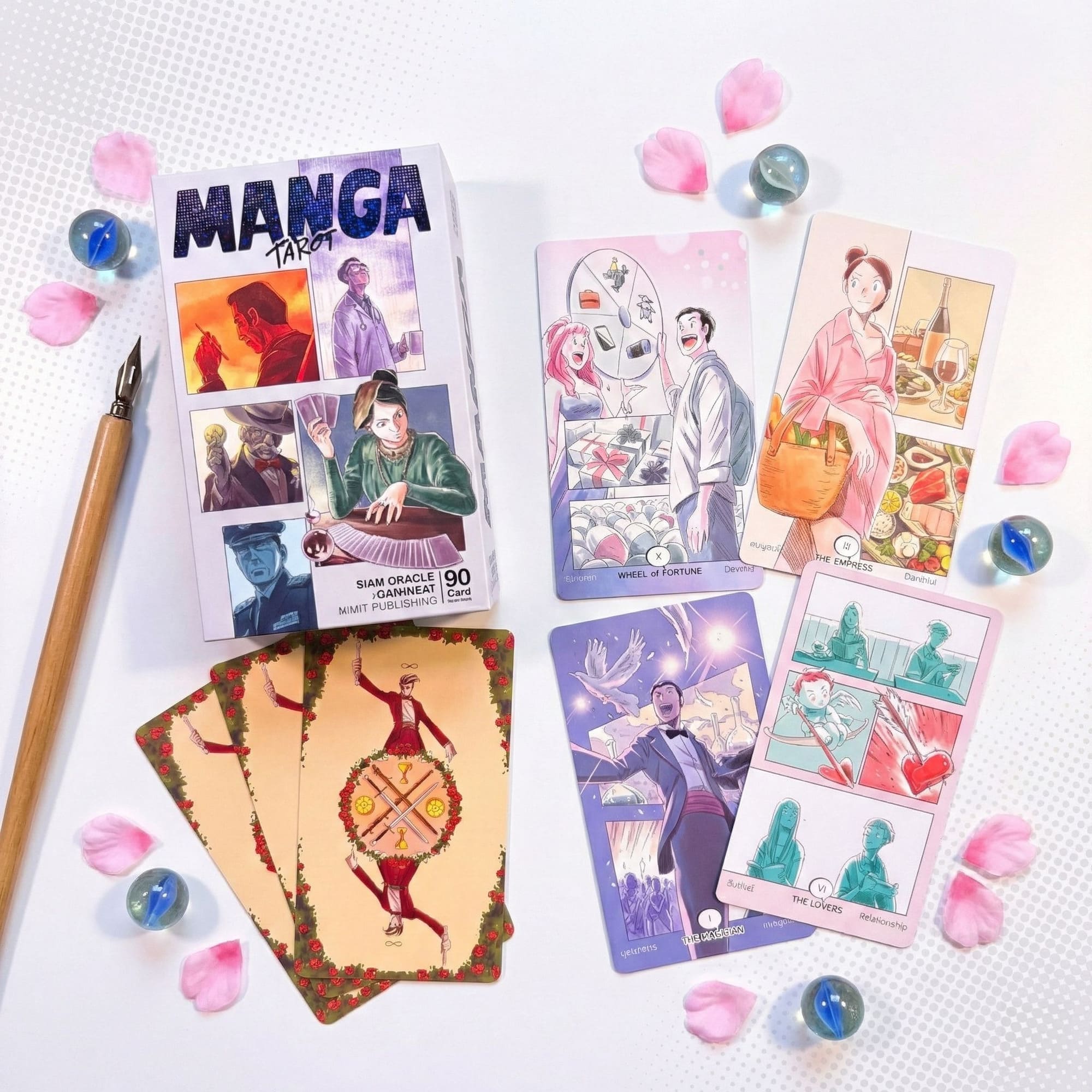 初心者向けの占いと癒しのための、面白い日本の漫画スタイルのアートをフィーチャーしたマンガ タロット デッキ。