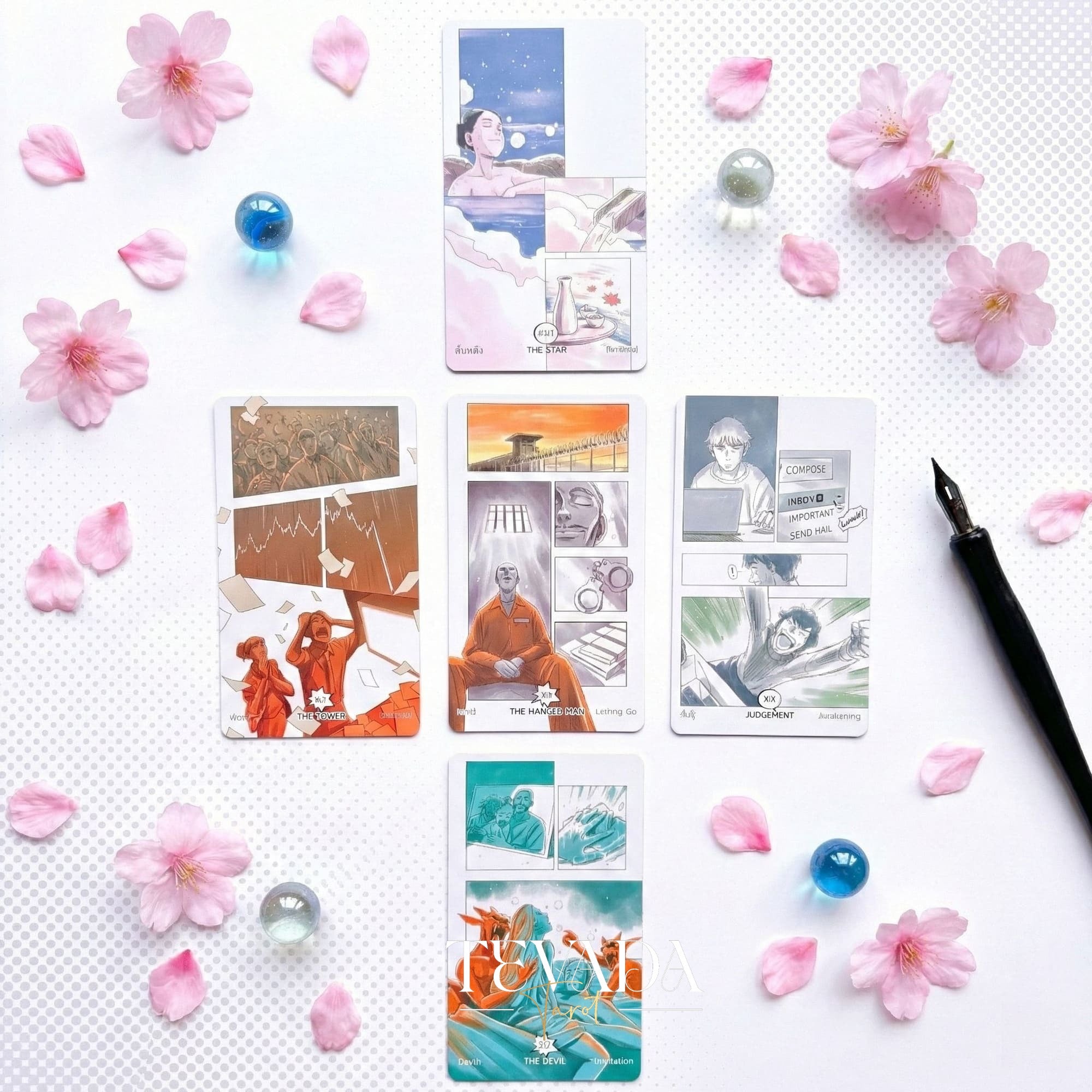 Manga Tarot Deck featuring funny Japanese comic style art for beginner friendly divination and healing.