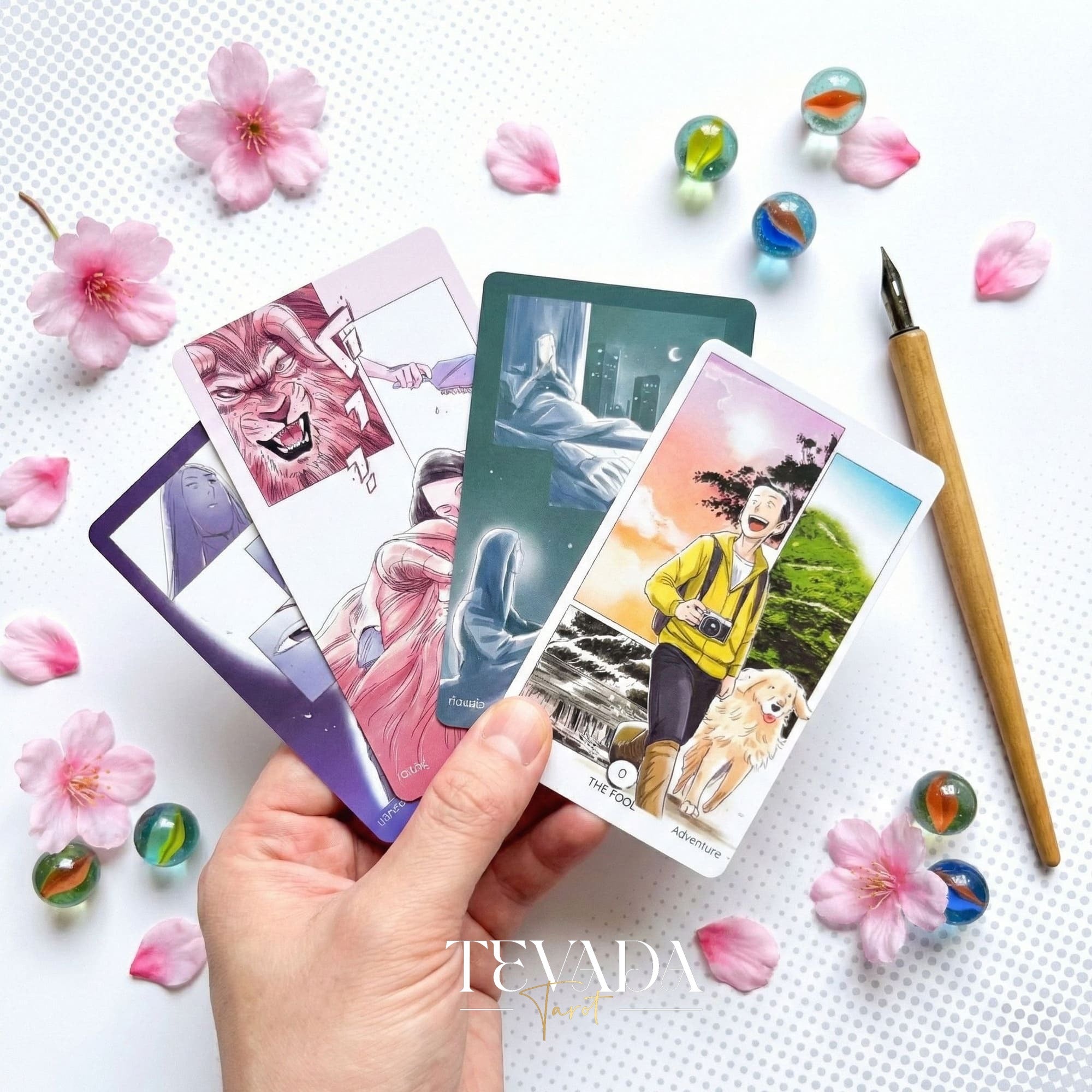 Manga Tarot Deck featuring funny Japanese comic style art for beginner friendly divination and healing.