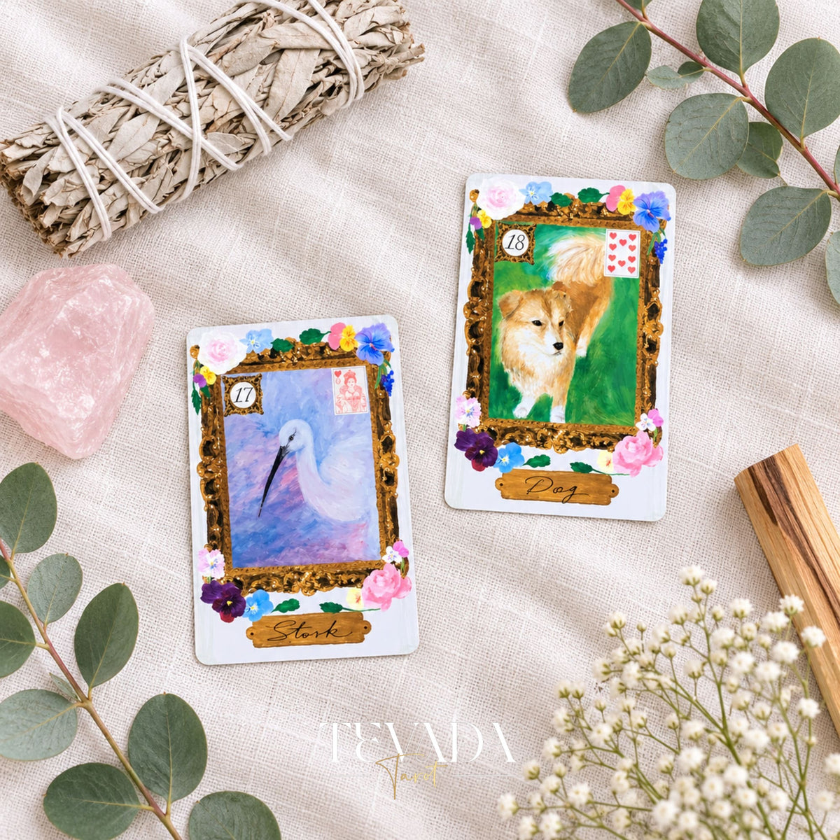 The Sun and Moon Lenormand cards show a bright yellow sun in a blue sky and a crescent moon against a deep blue night.