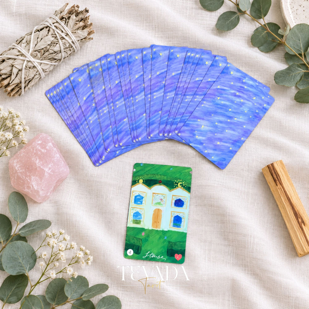 A fan of pale mint and blue card backs from Miranda&