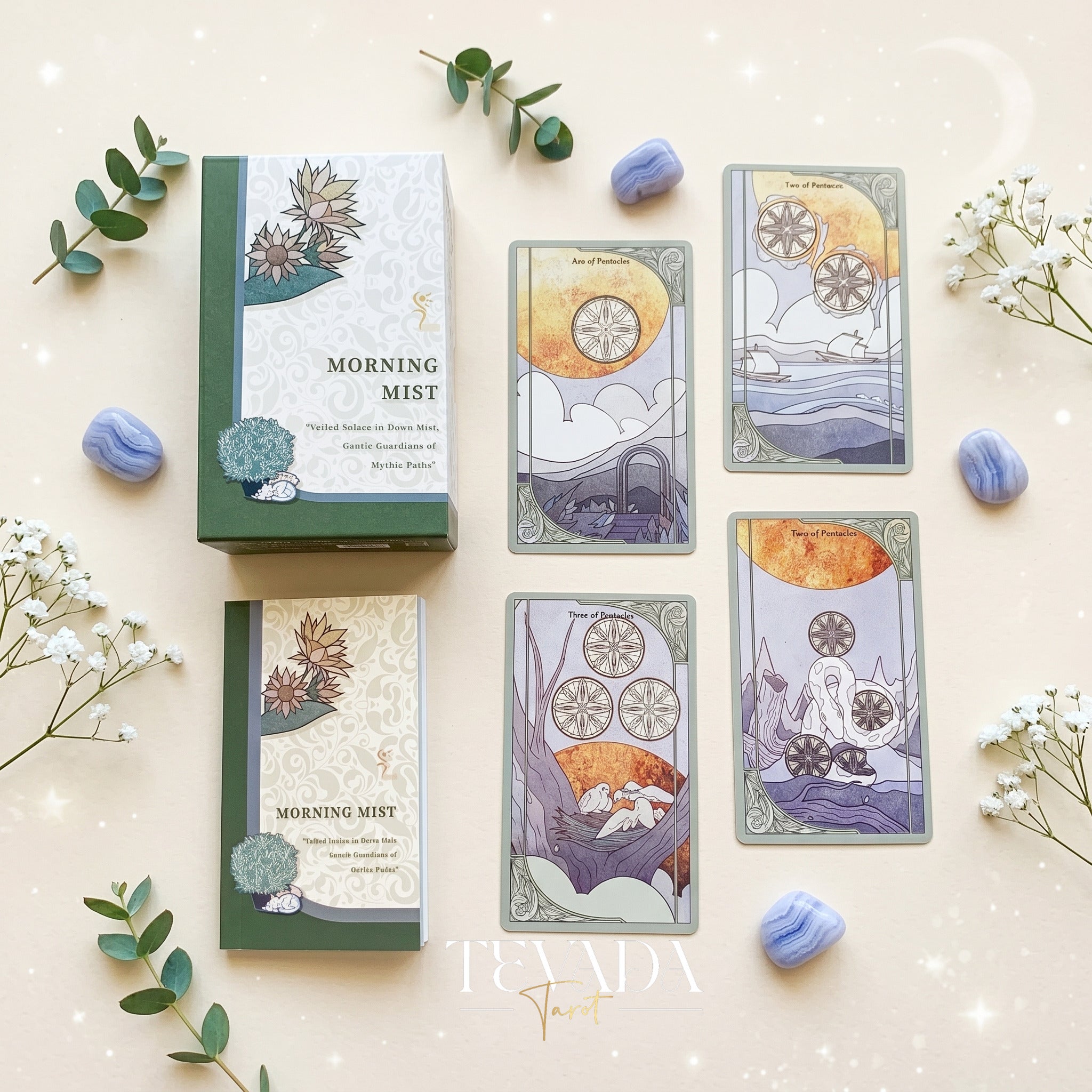 Morning Mist Tarot Deluxe stained glass indie tarot cards with gold holographic edges for gentle shadow work and healing.