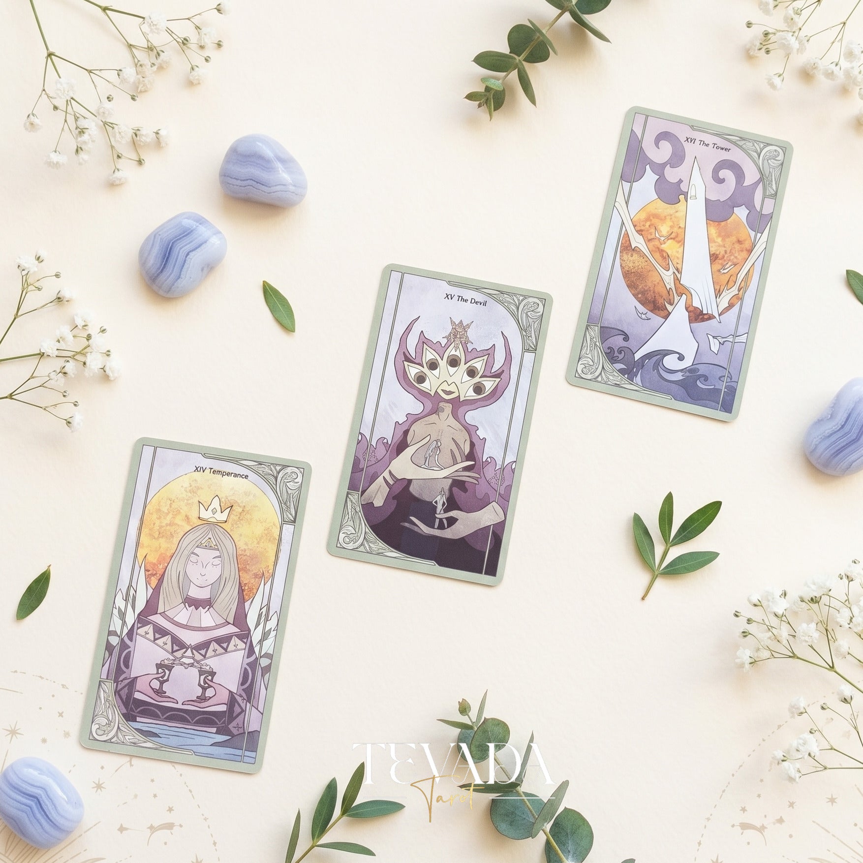 Morning Mist Tarot Deluxe stained glass indie tarot cards with gold holographic edges for gentle shadow work and healing.