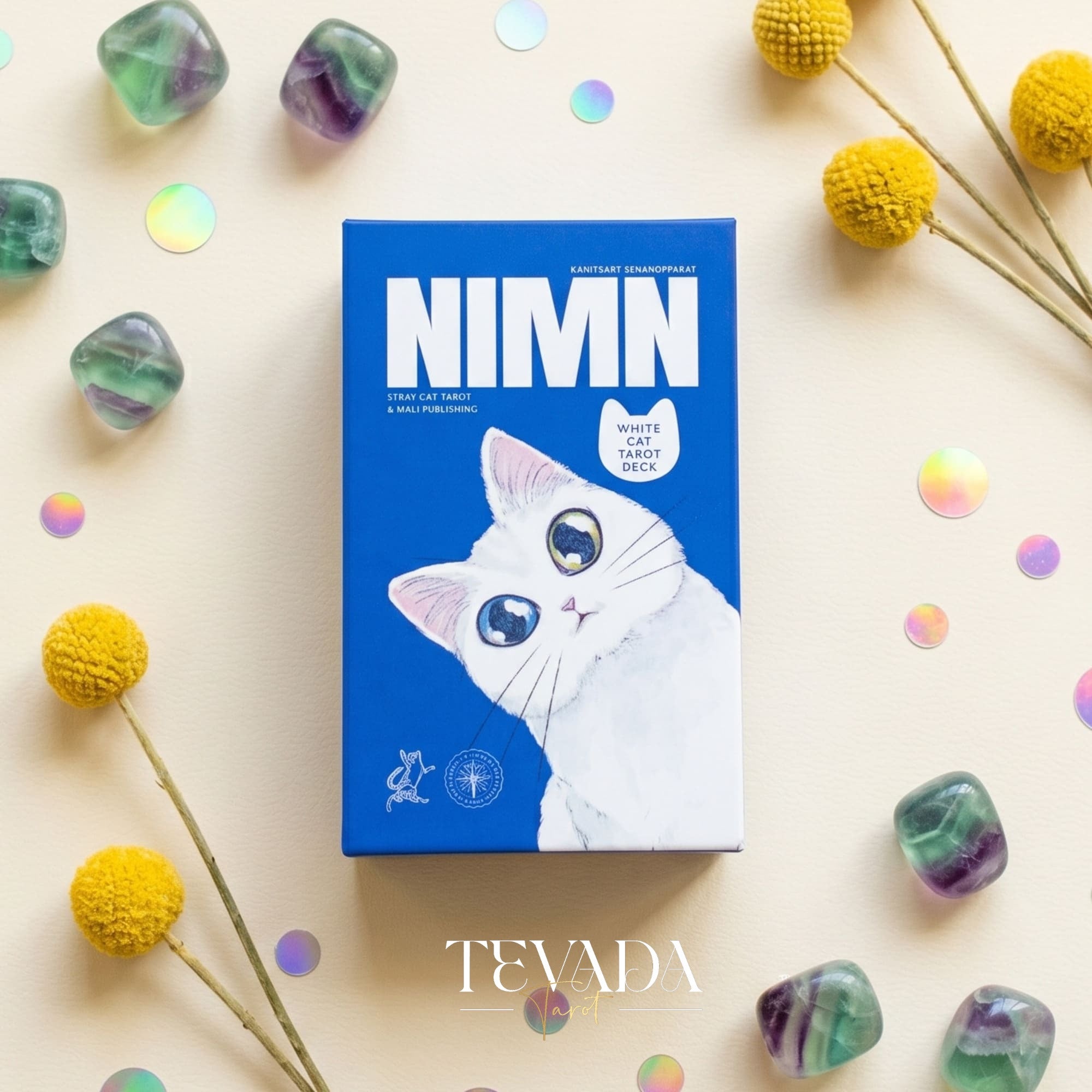 Nimn White Cat Tarot cute cartoon indie tarot deck with holographic silver edges for inner child healing.
