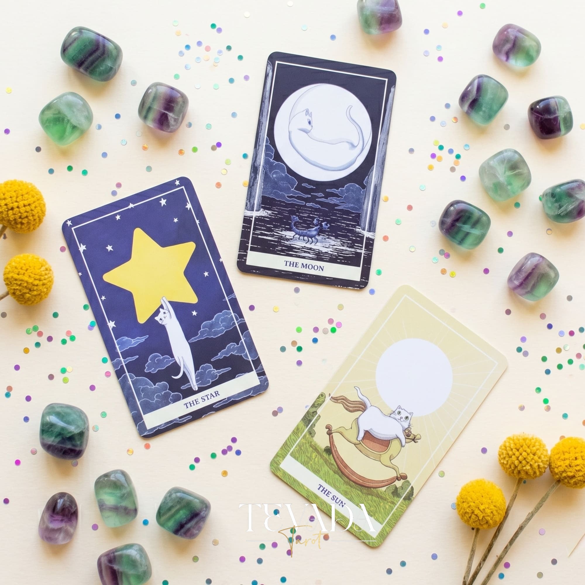 Nimn White Cat Tarot cute cartoon indie tarot deck with holographic silver edges for inner child healing.