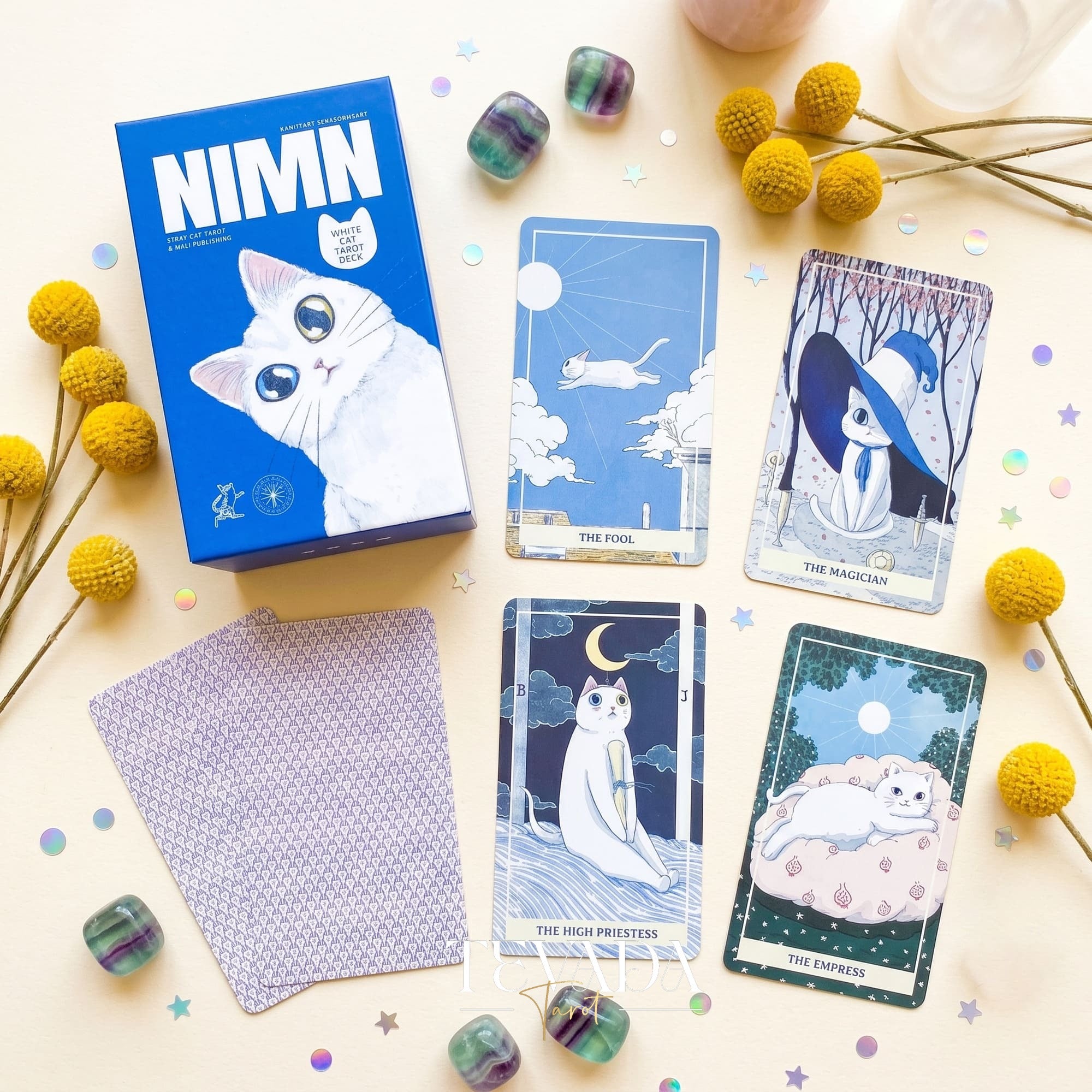 Nimn White Cat Tarot cute cartoon indie tarot deck with holographic silver edges for inner child healing.
