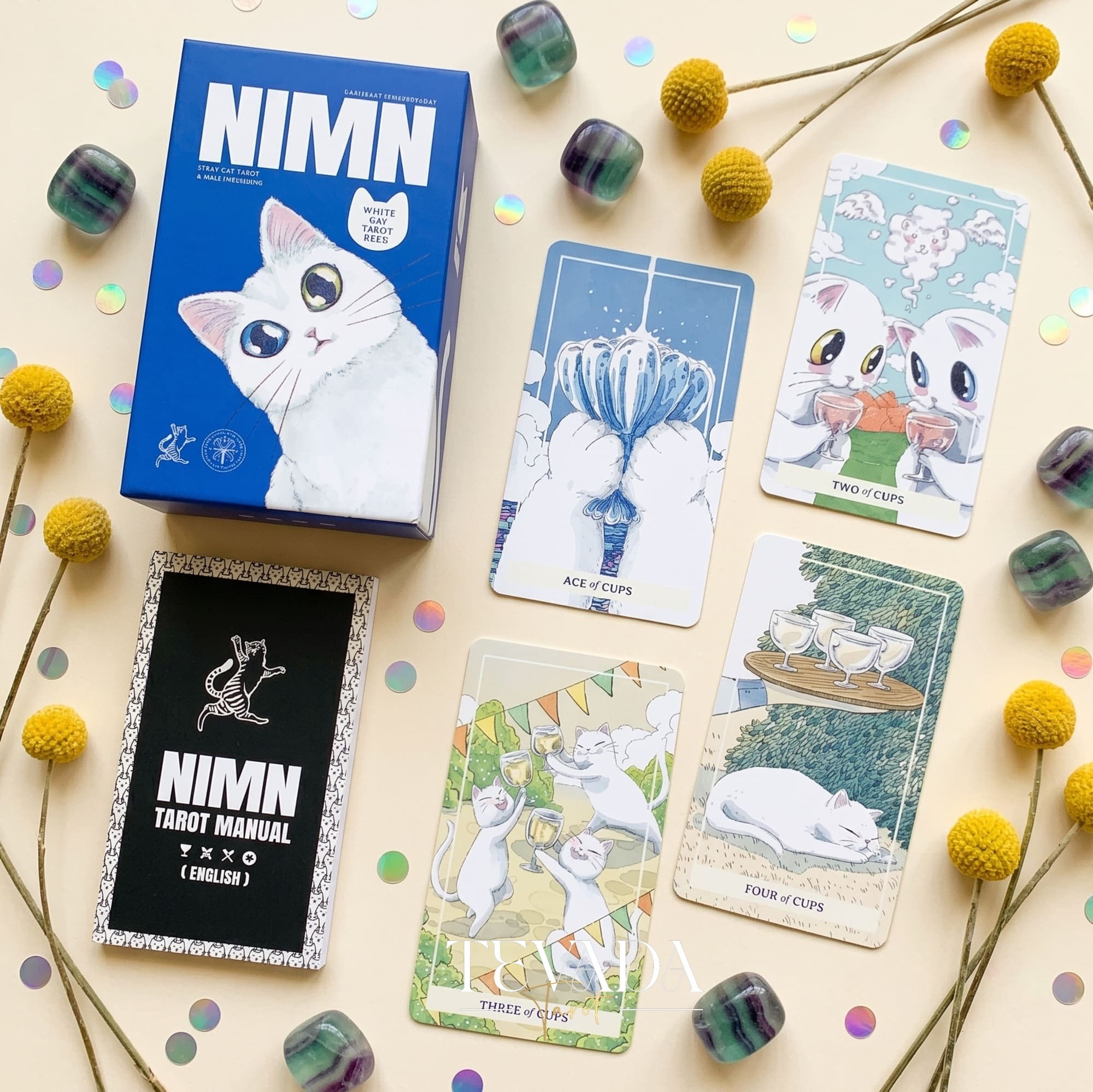 Nimn White Cat Tarot cute cartoon indie tarot deck with holographic silver edges for inner child healing.