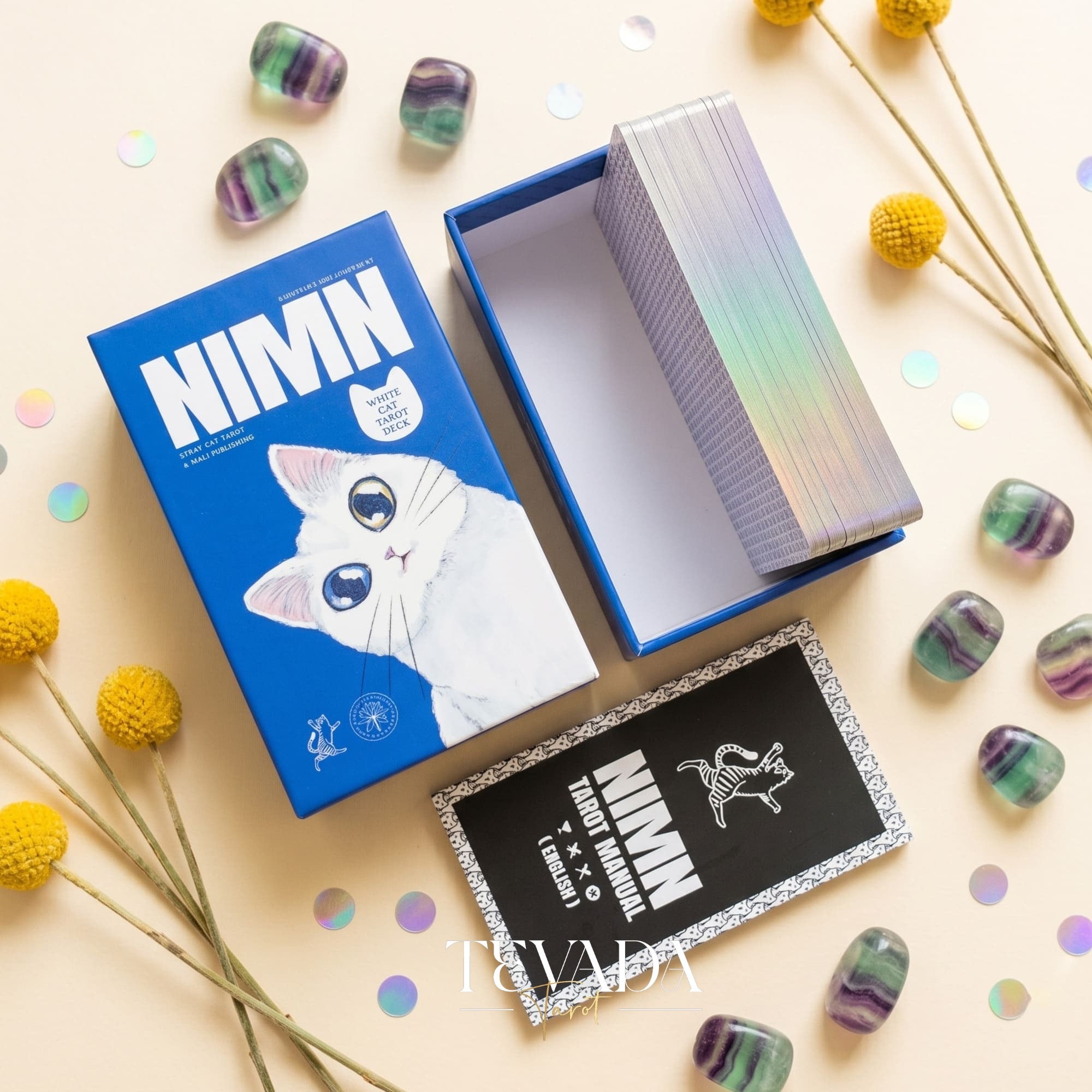 Nimn White Cat Tarot cute cartoon indie tarot deck with holographic silver edges for inner child healing.