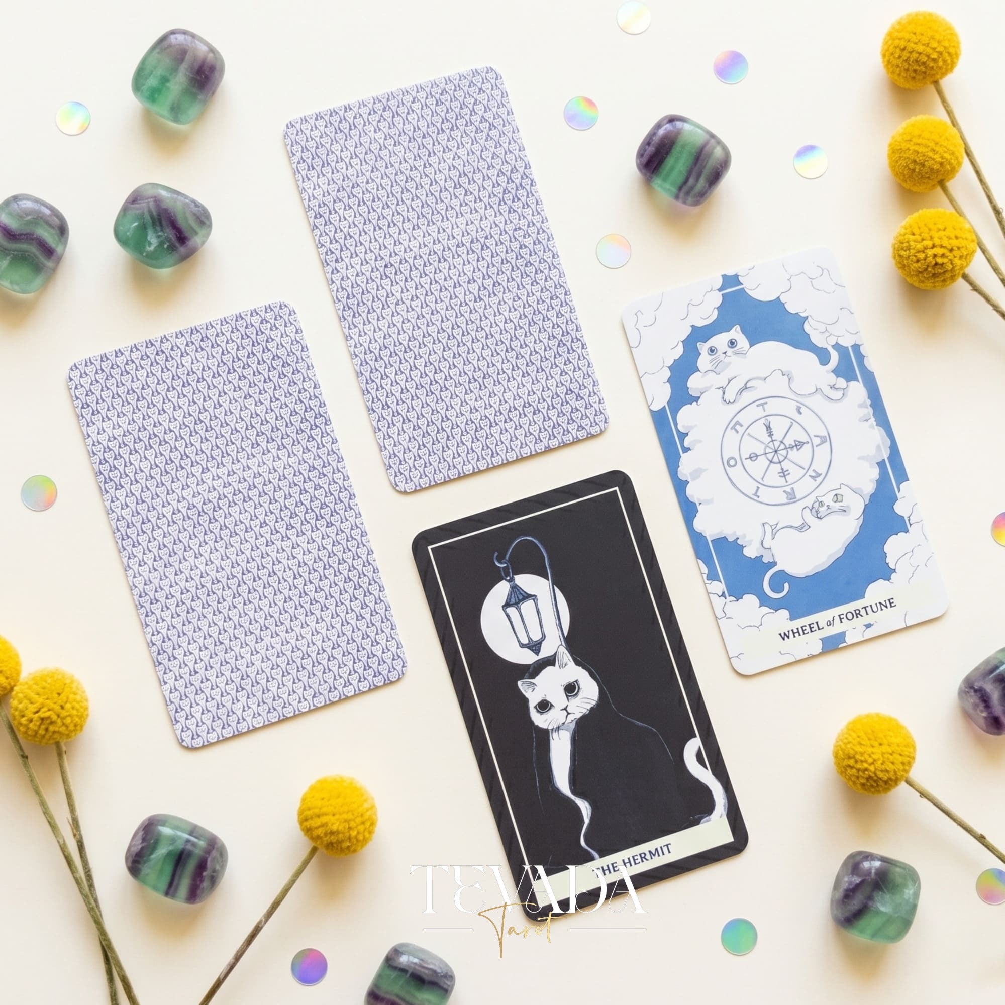 Nimn White Cat Tarot cute cartoon indie tarot deck with holographic silver edges for inner child healing.