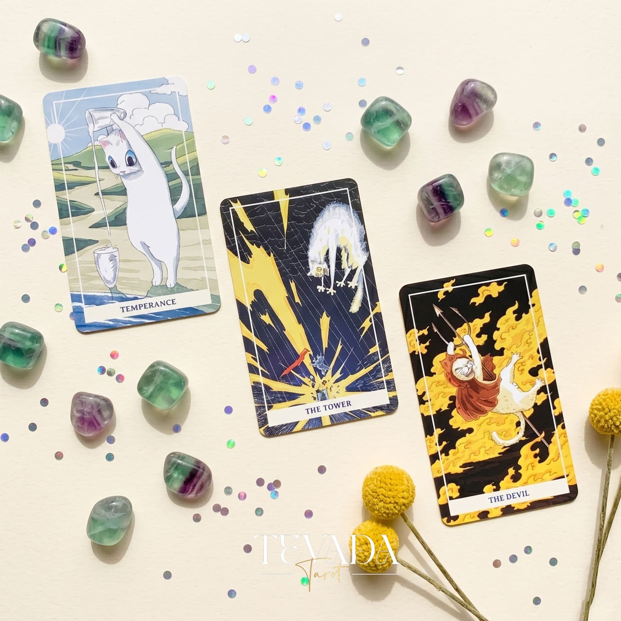 Nimn White Cat Tarot cute cartoon indie tarot deck with holographic silver edges for inner child healing.
