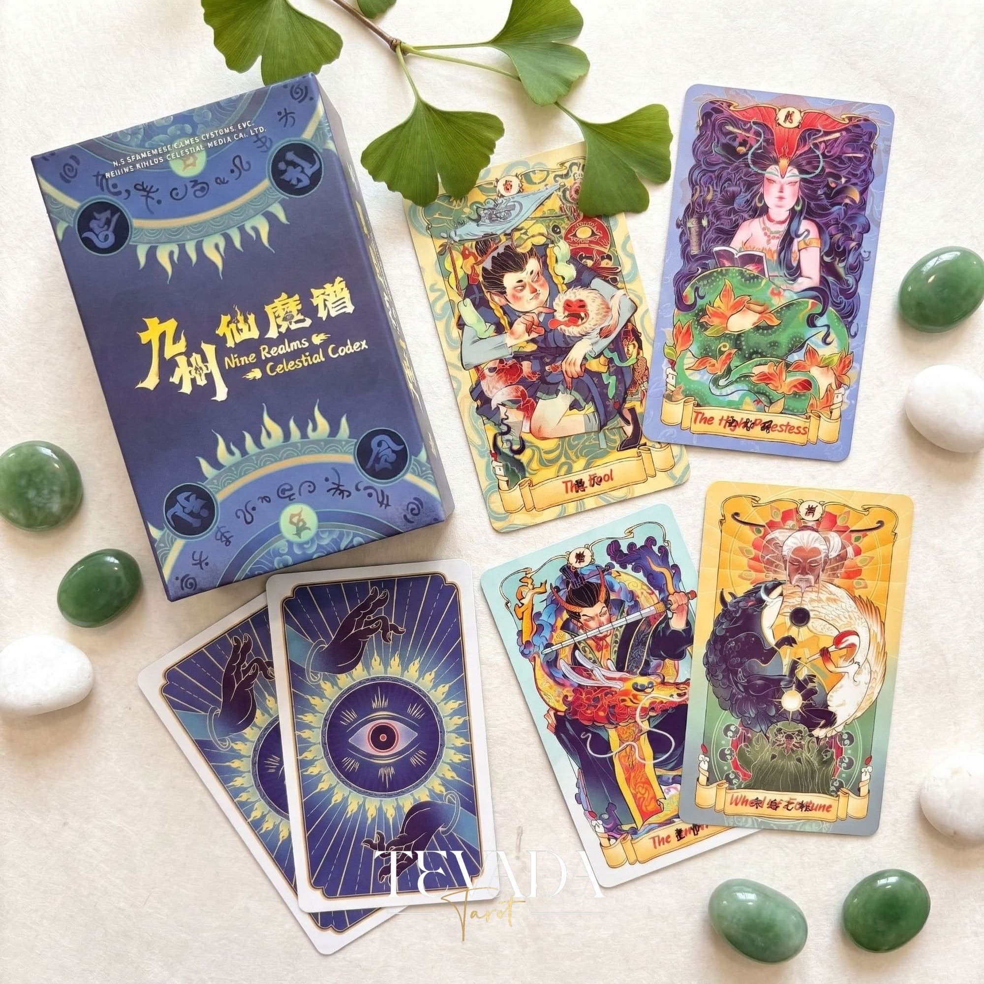 Nine Realms Celestial Codex whimsical Chinese myth Indie Tarot Deck for self-reflection and daily rituals.