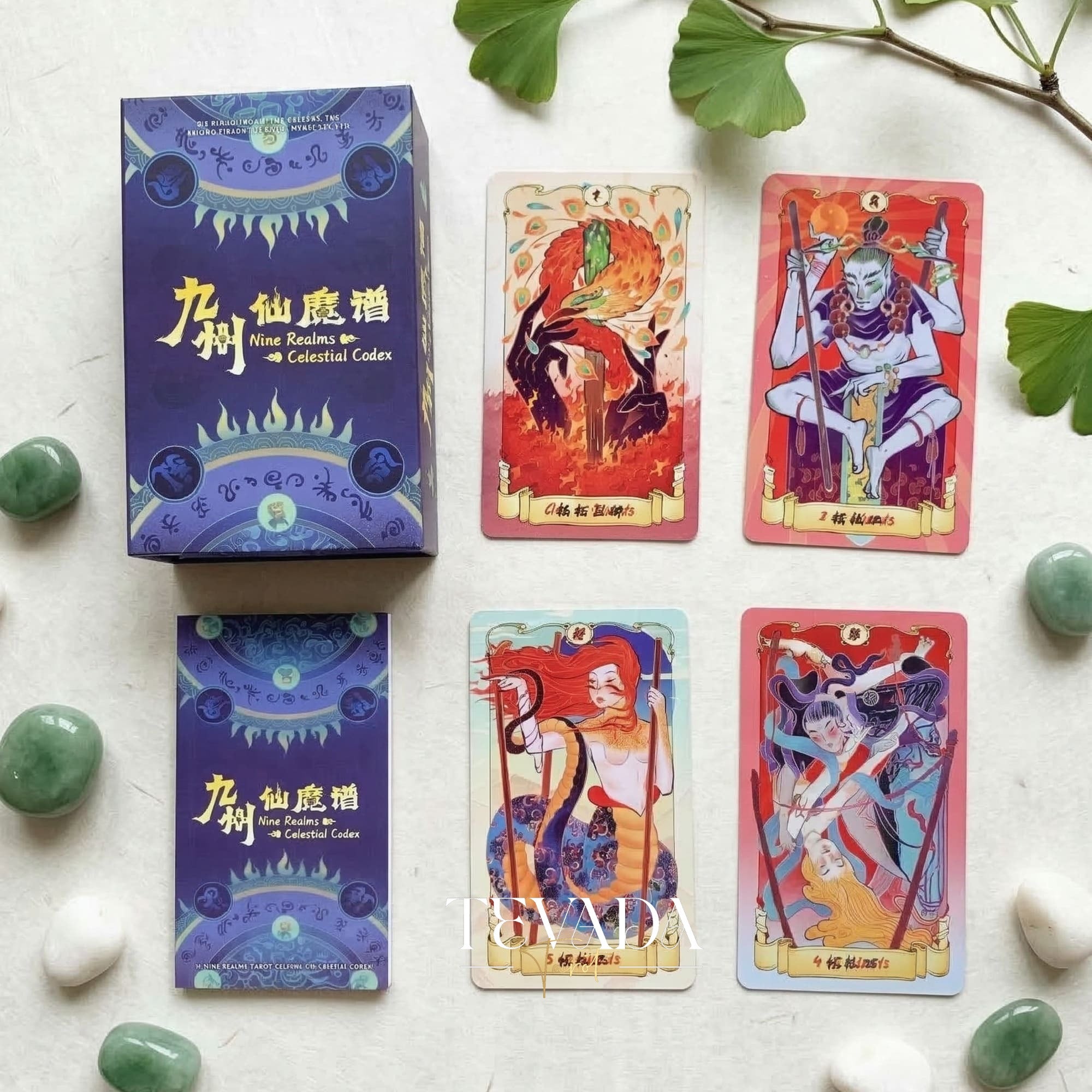 Nine Realms Celestial Codex whimsical Chinese myth Indie Tarot Deck for self-reflection and daily rituals.