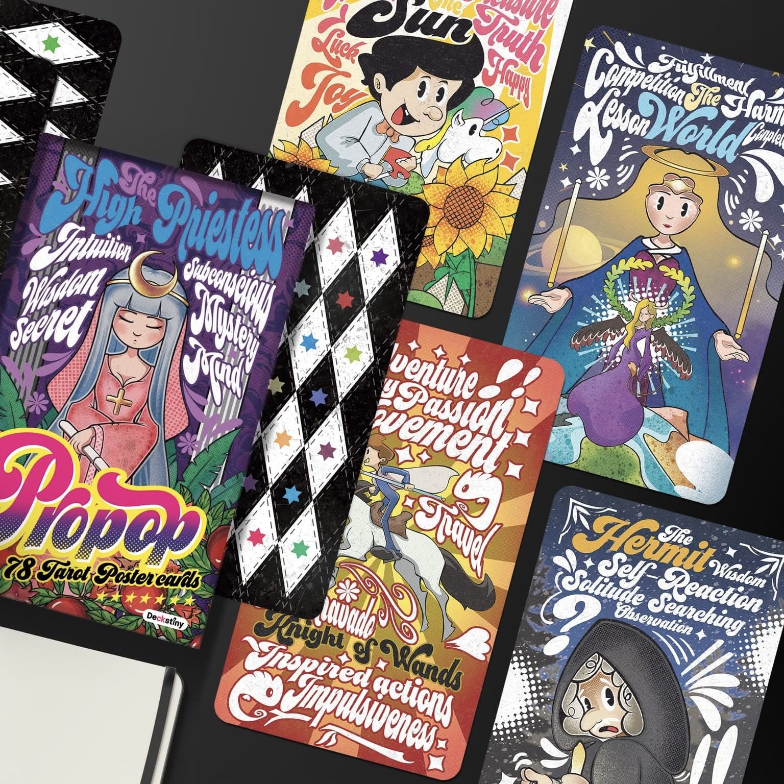 Propop Tarot Deck vintage 1930s animation style Indie Tarot Cards with holographic edges for playful divination.