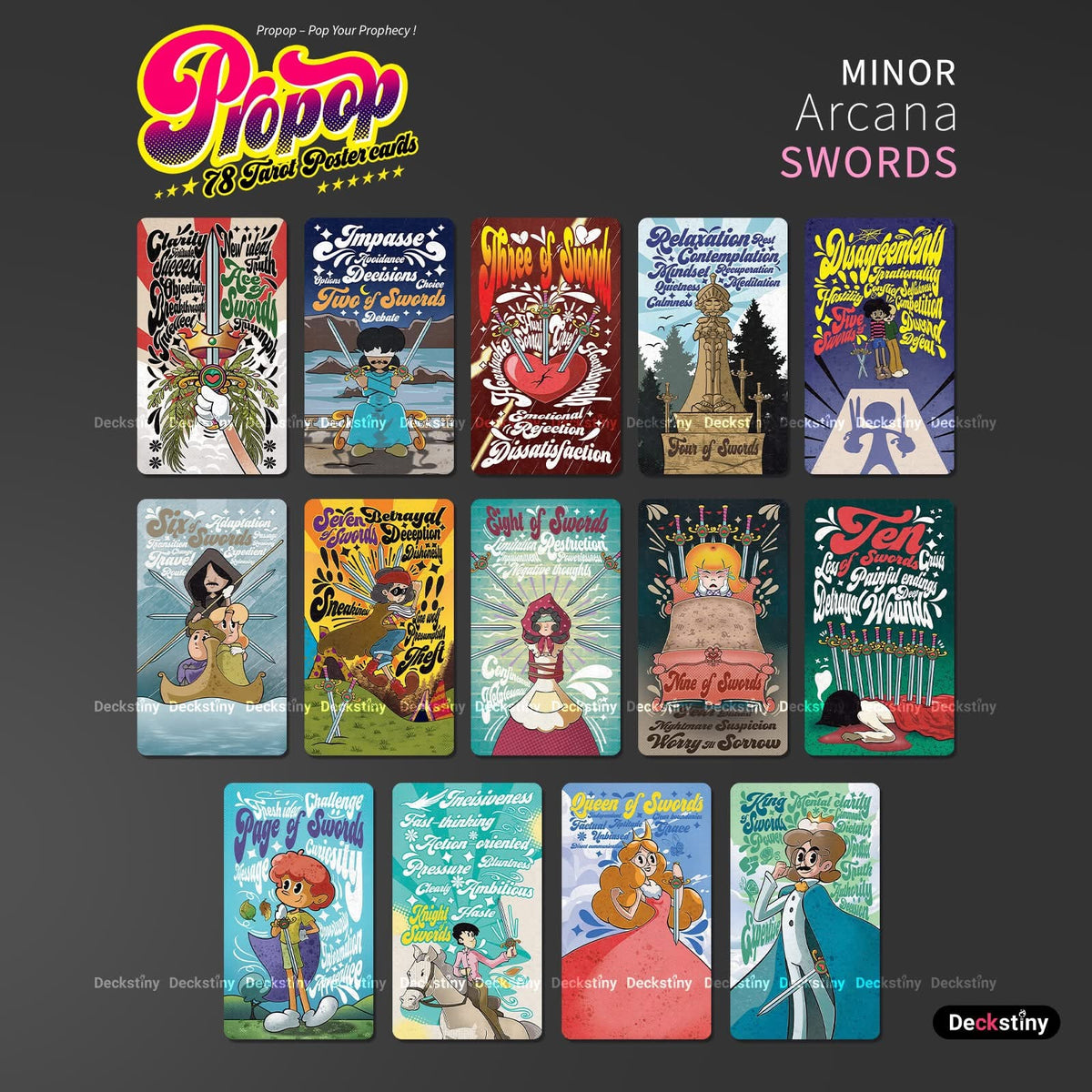 Propop Tarot Deck cartas de tarot independientes con estilo de animación vintage de los años 30 con bordes holográficos para una adivinación divertida.