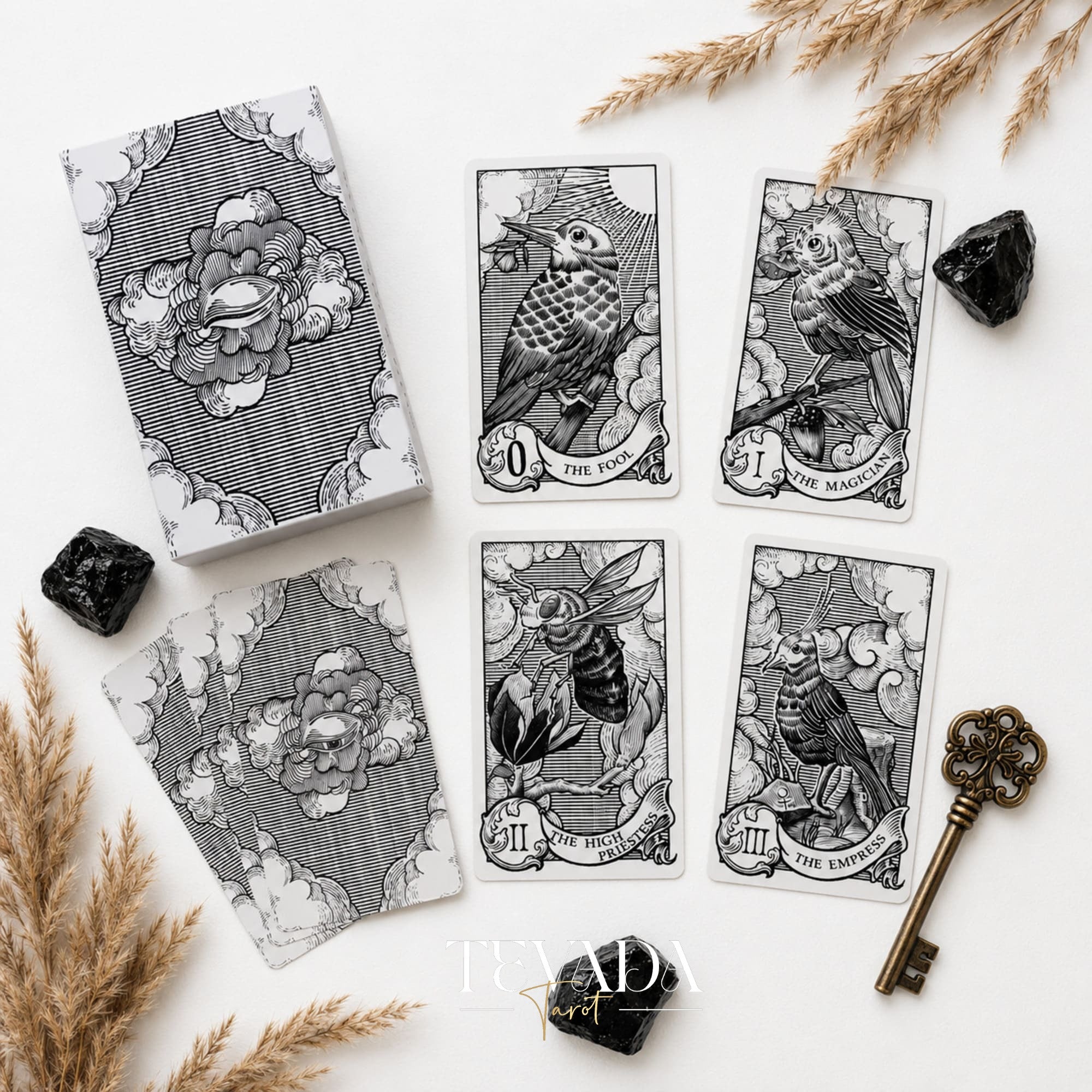 Quill and Ink Tarot vintage bird illustration deck for gentle Rider Waite-inspired readings.
