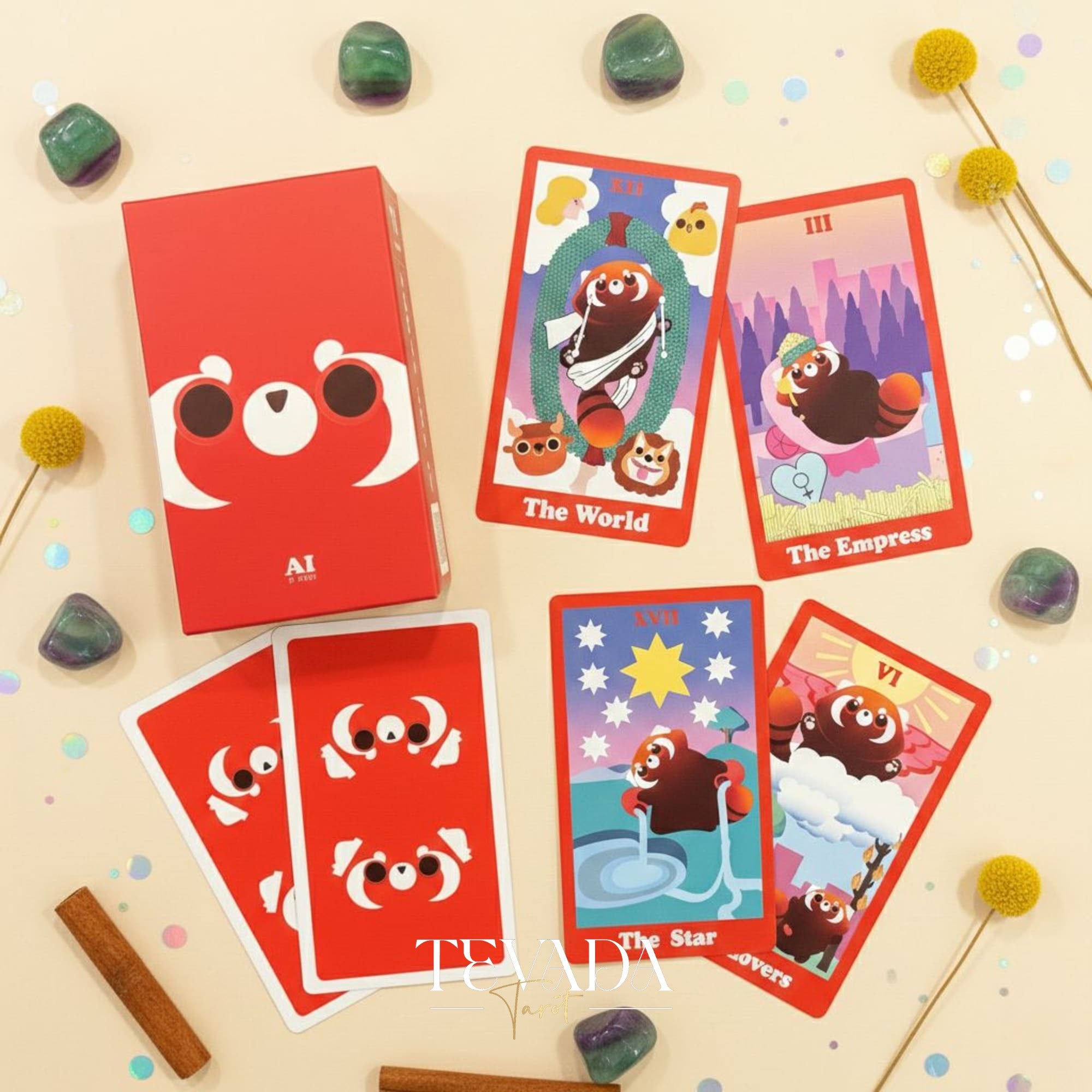 Le jeu de tarot indépendant de dessin animé mignon Red Panda Tarot avec des bords en feuille rouge pour la divination des débutants et le rituel quotidien.