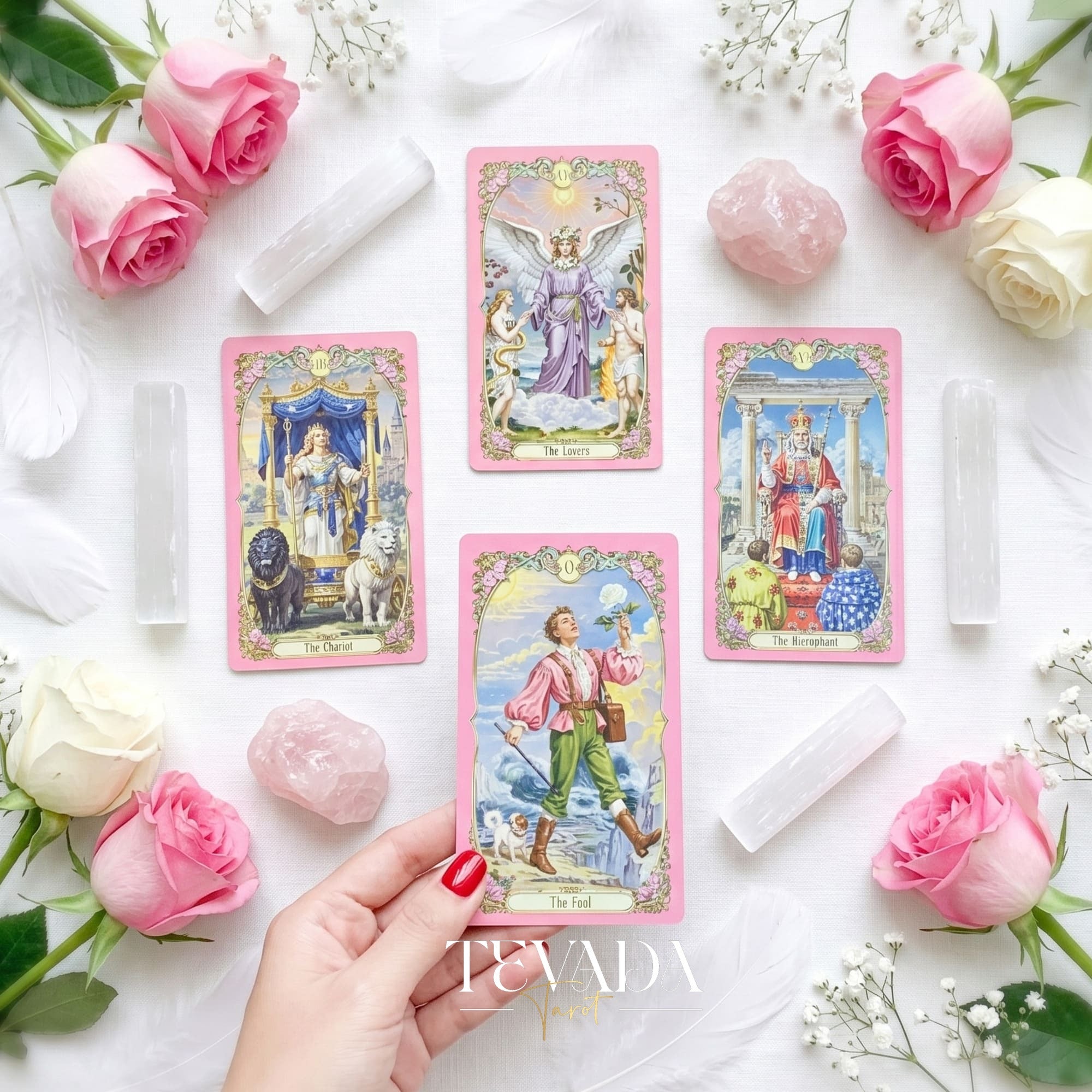Renaissance Fantasy Tarot DELUXE pink fine art indie tarot deck with rose gold edges for inner child healing.