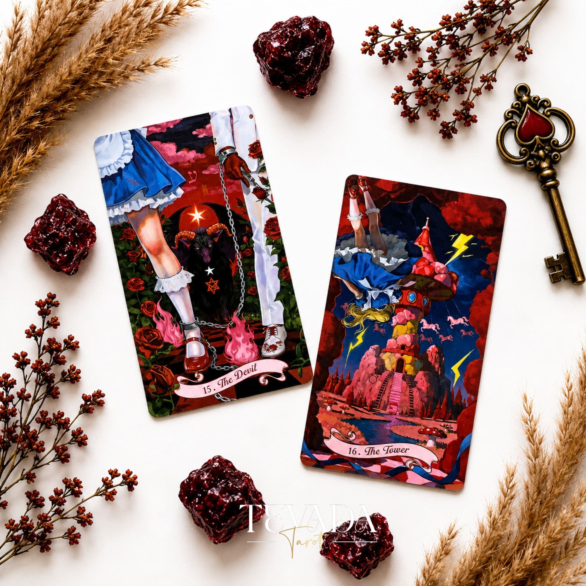 Scarlet Alice Tarot Deck DELUXE gothic indie tarot deck with glitter red edges for shadow work and inner reflection.