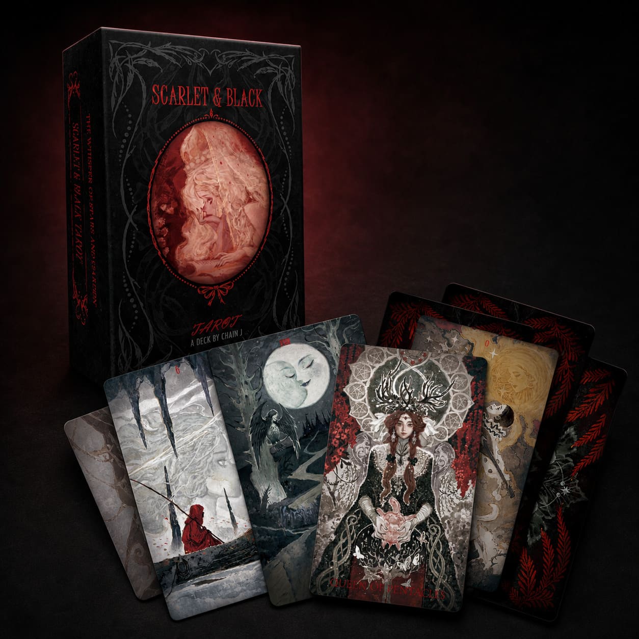 Scarlet & Black Tarot red black botanical cards with dramatic portraits for intuitive reflection