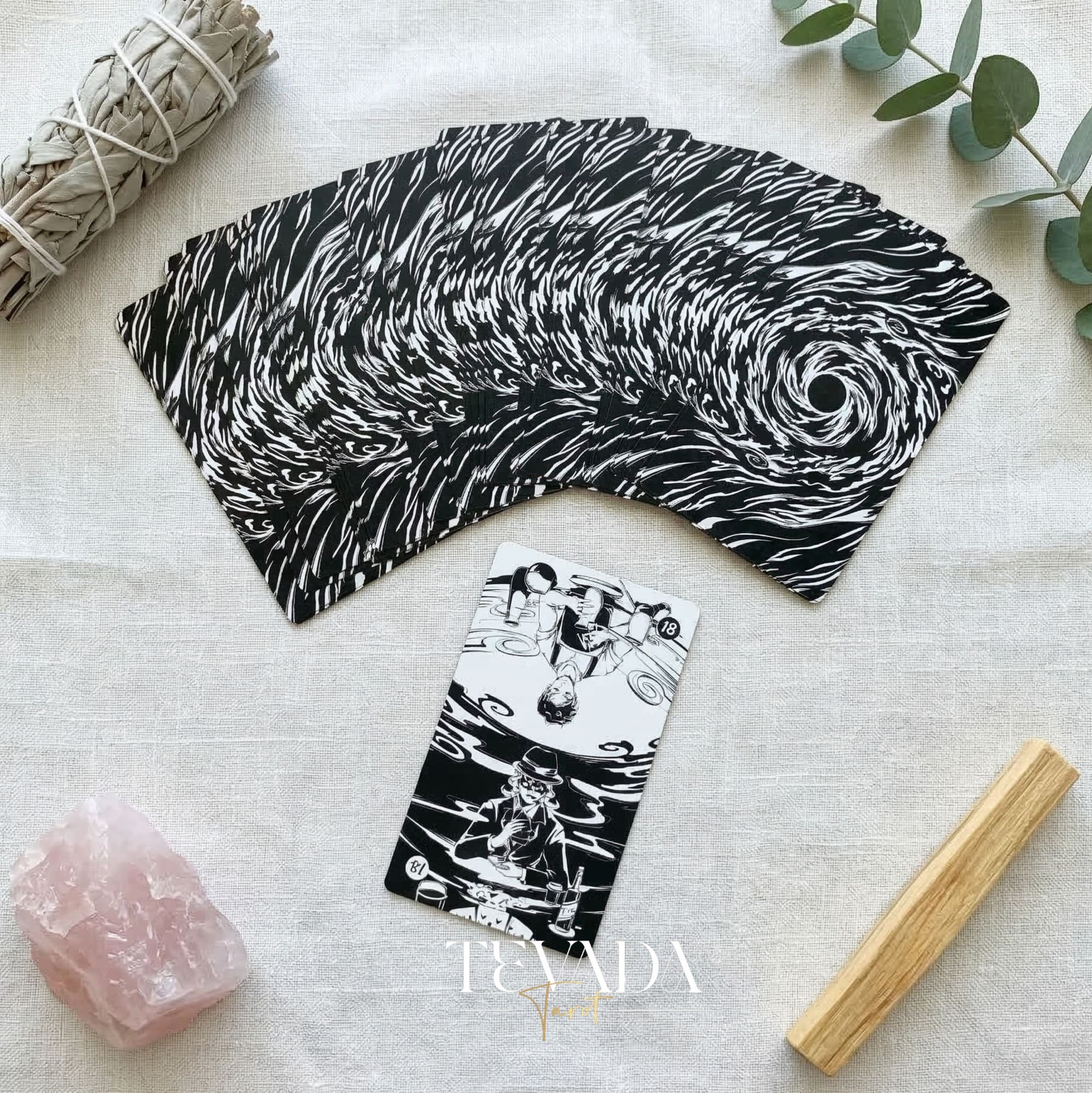 Spiritual Cycle Oracle mysterious black and white Indie Oracle Cards for shadow work and self reflection.