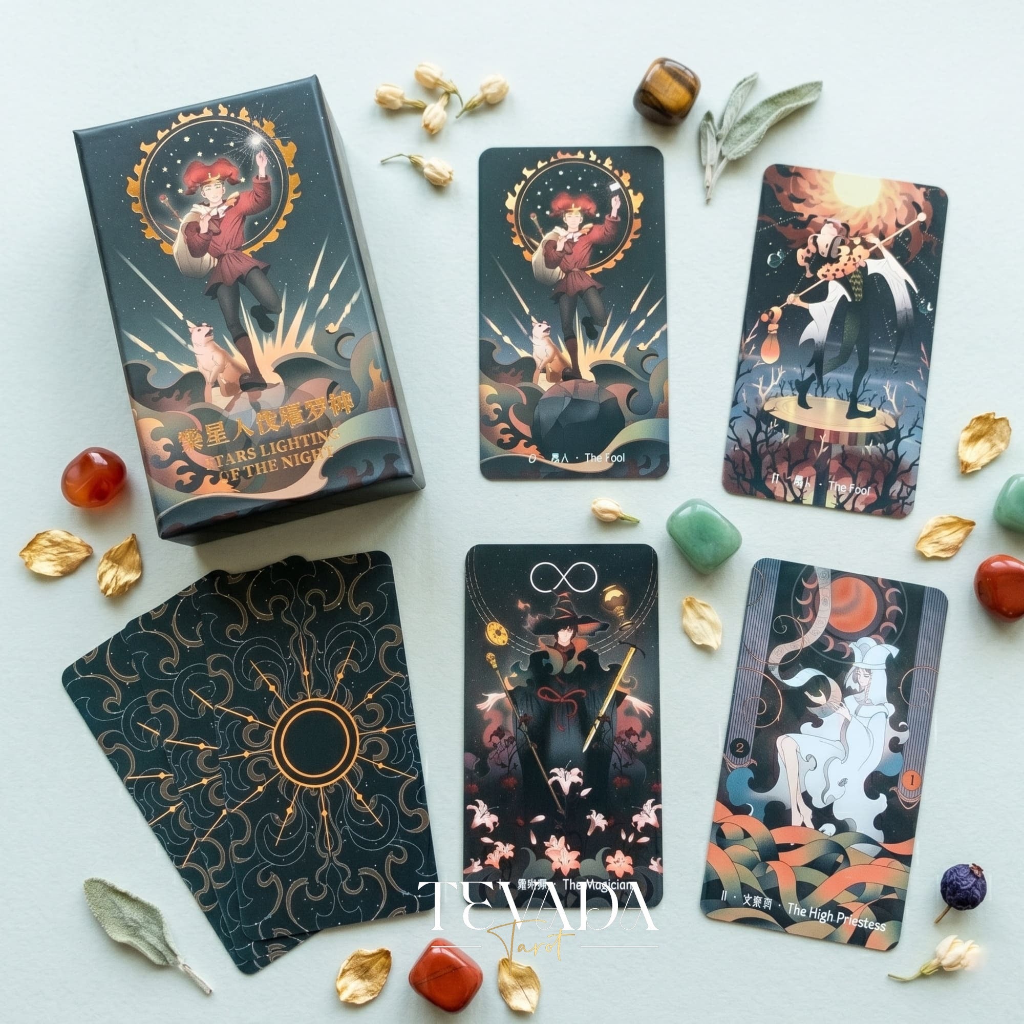 Stars Lighting Up the Night Tarot II mysterious gothic cartoon indie tarot deck for inner child healing and collectors.