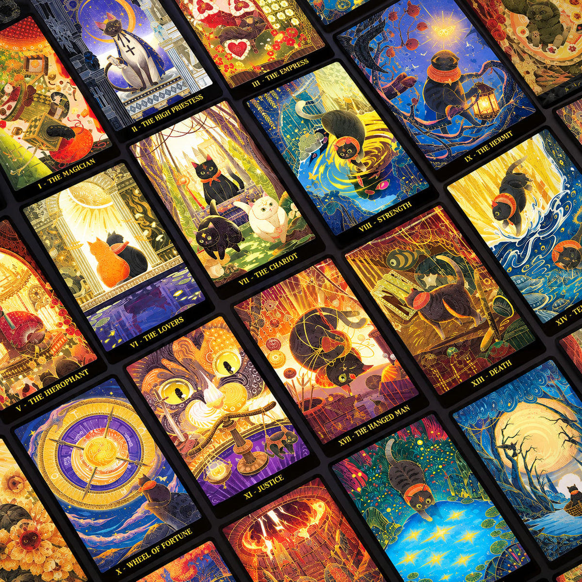 Tales of Catrealm Tarot DELUXE Edition colorful cat tarot cards spread diagonally with gold foil artwork.