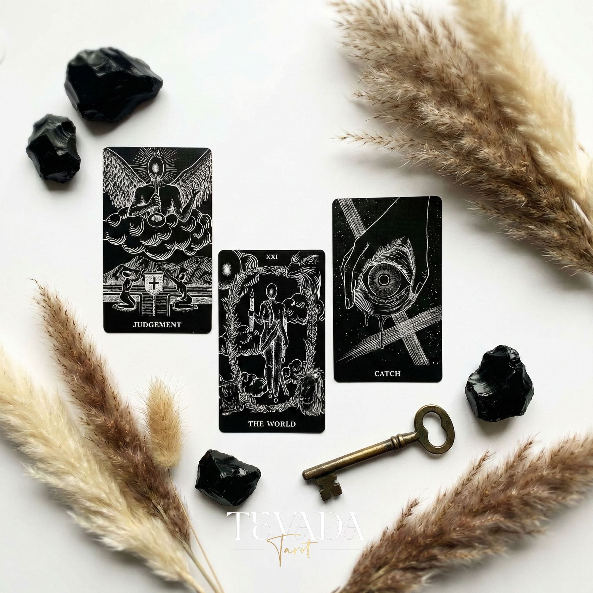 The Arrival Tarot Deck black and white Indie Tarot Deck with black holographic edges for deep shadow work and self reflection.(