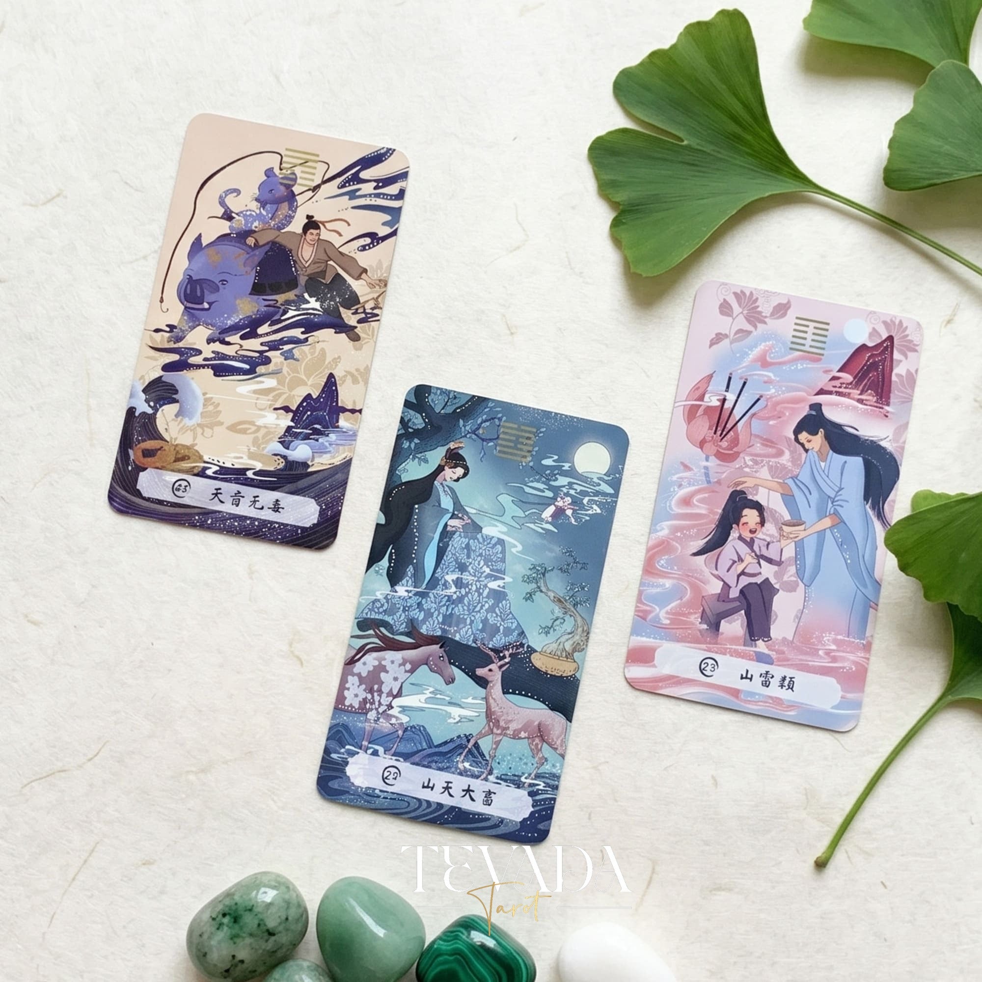 The Card of Changes I-Ching Oracle traditional Chinese painting indie deck with gold stamping for daily reflection.