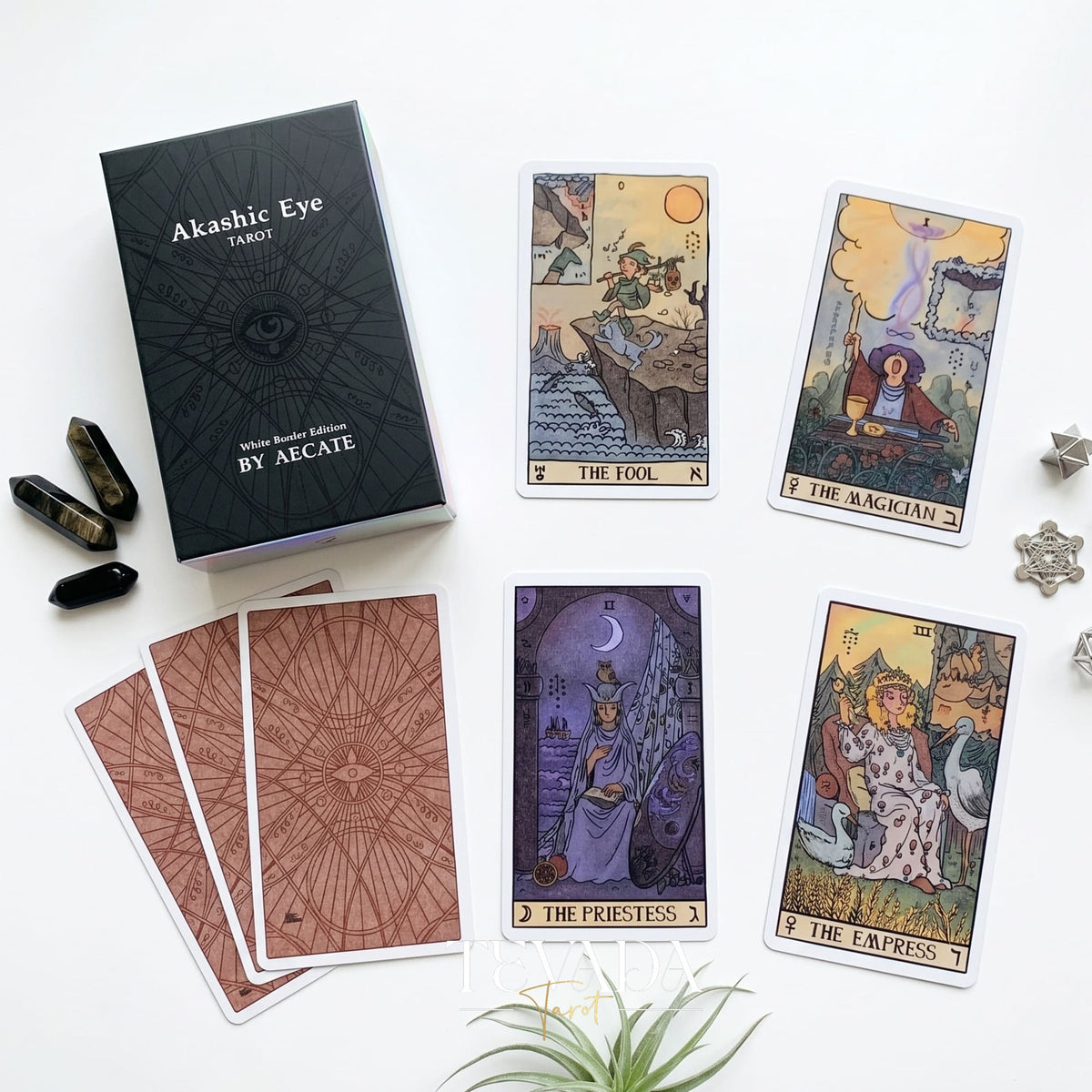 Akashic Eye Tarot old-school cartoon indie tarot deck with esoteric symbols for shadow work and daily reflection.
