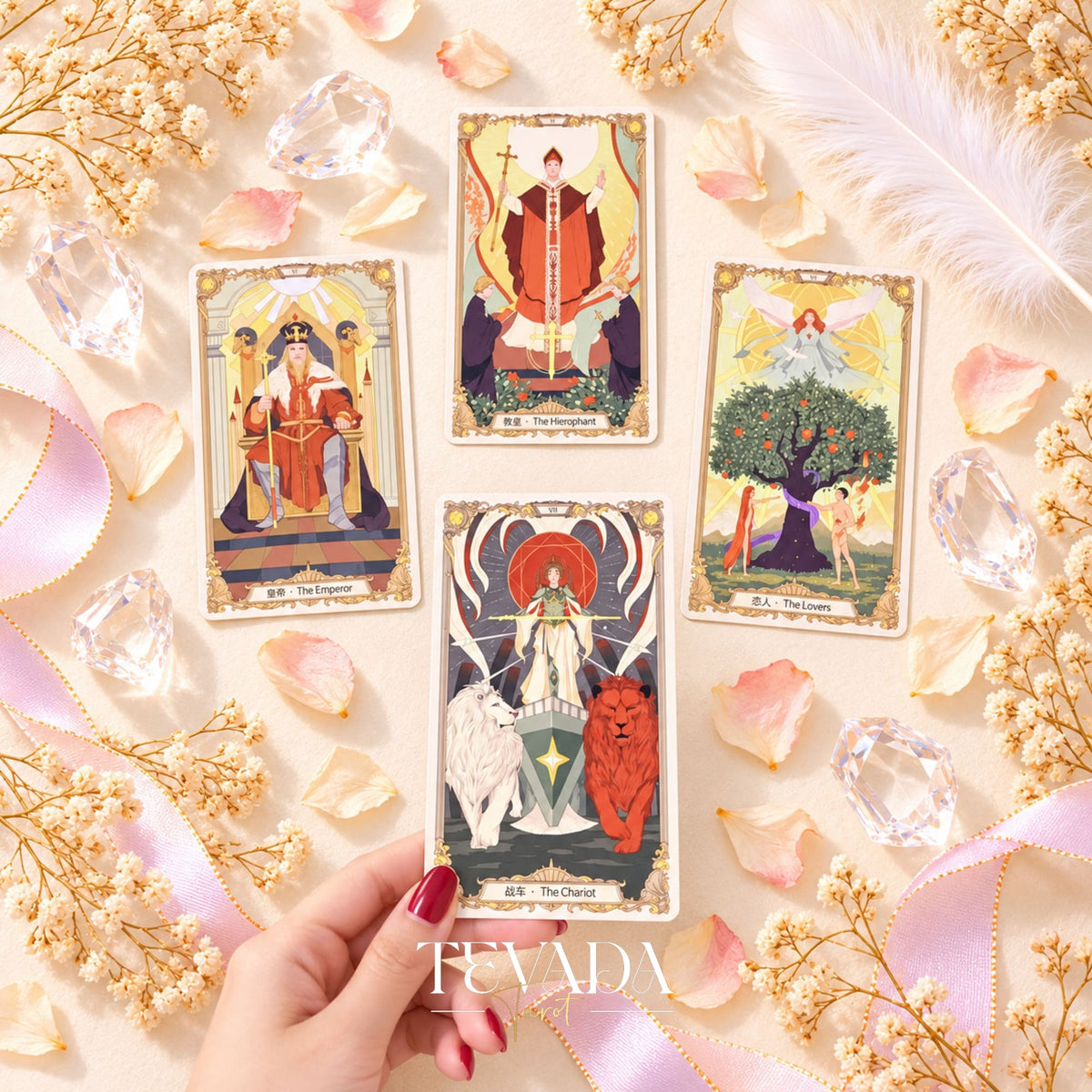 A hand holds The Covenant Tarot Devil card with The Lovers, The Hierophant and Ten of Cups arranged behind it.