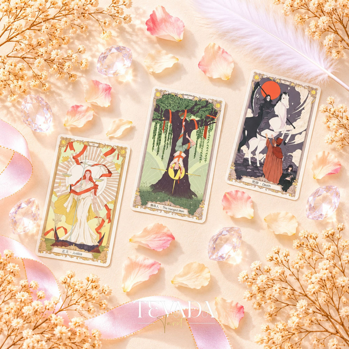 The Covenant Tarot Judgement, The Hanged Man and The Tower card fronts arranged on a pink floral background.