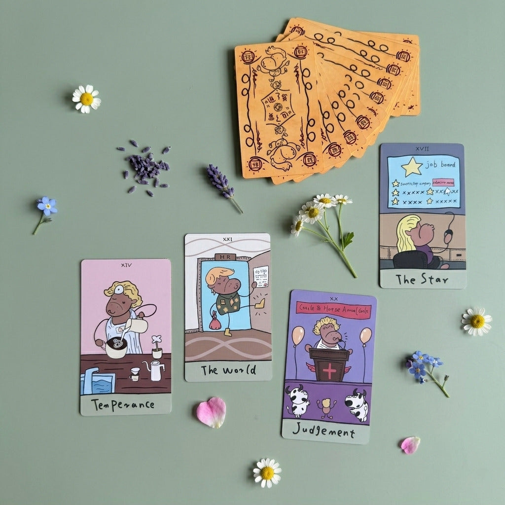 燃え尽き症候群の反省と日常のガイダンスのための、Office Workhorse Tarot の面白い牛のタロットデッキ