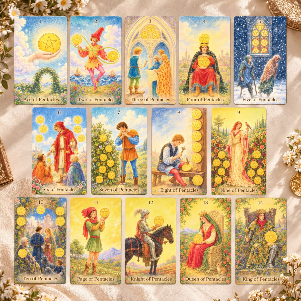 The Tenderness Tarot DELUXE Edition pastel pencil-style cards with floral motifs for reflective readings.