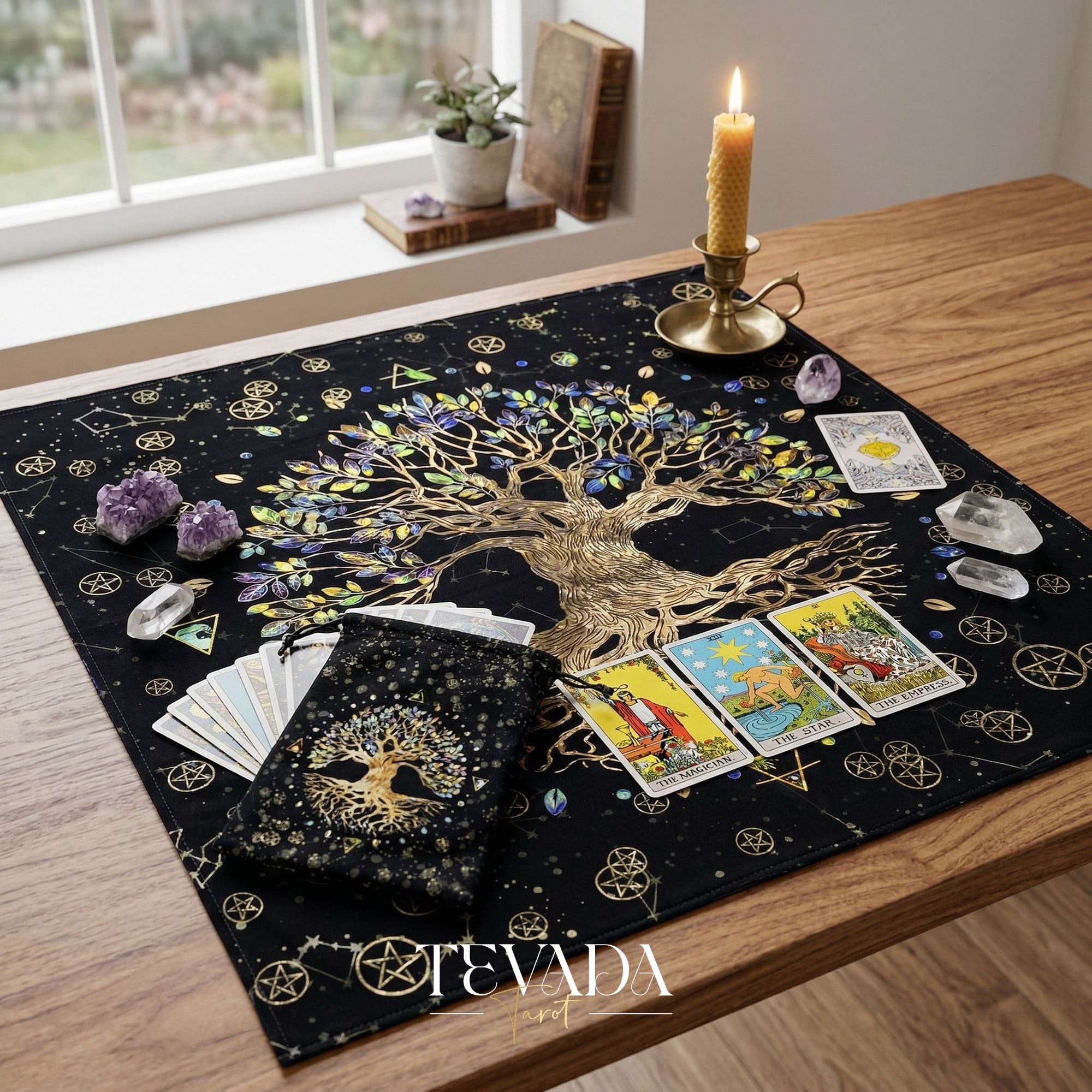 Tree of Life Altar Cloth and Tarot Pouch in dark crushed velvet for sacred space decor and psychic energy protection.