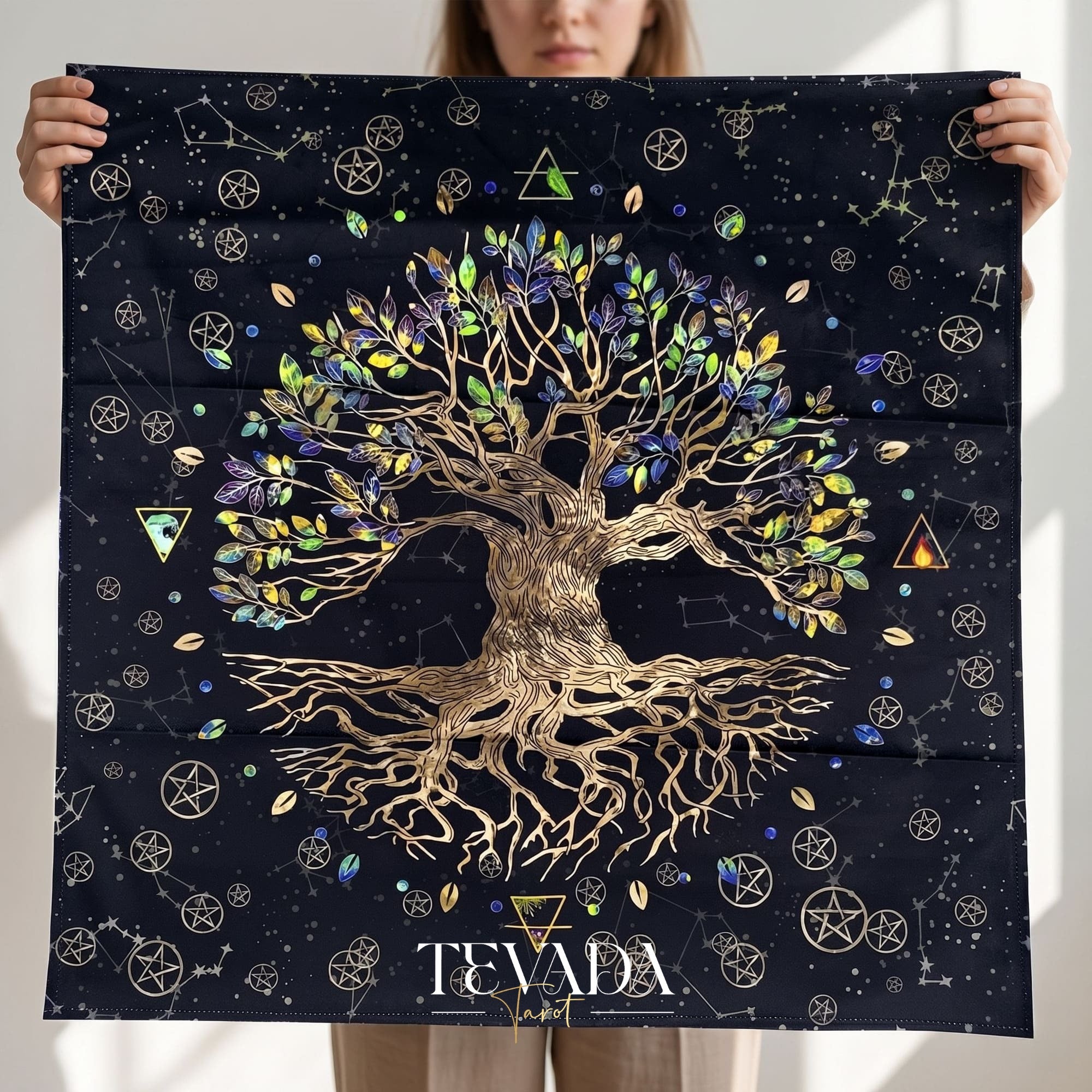 Tree of Life Altar Cloth and Tarot Pouch in dark crushed velvet for sacred space decor and psychic energy protection.