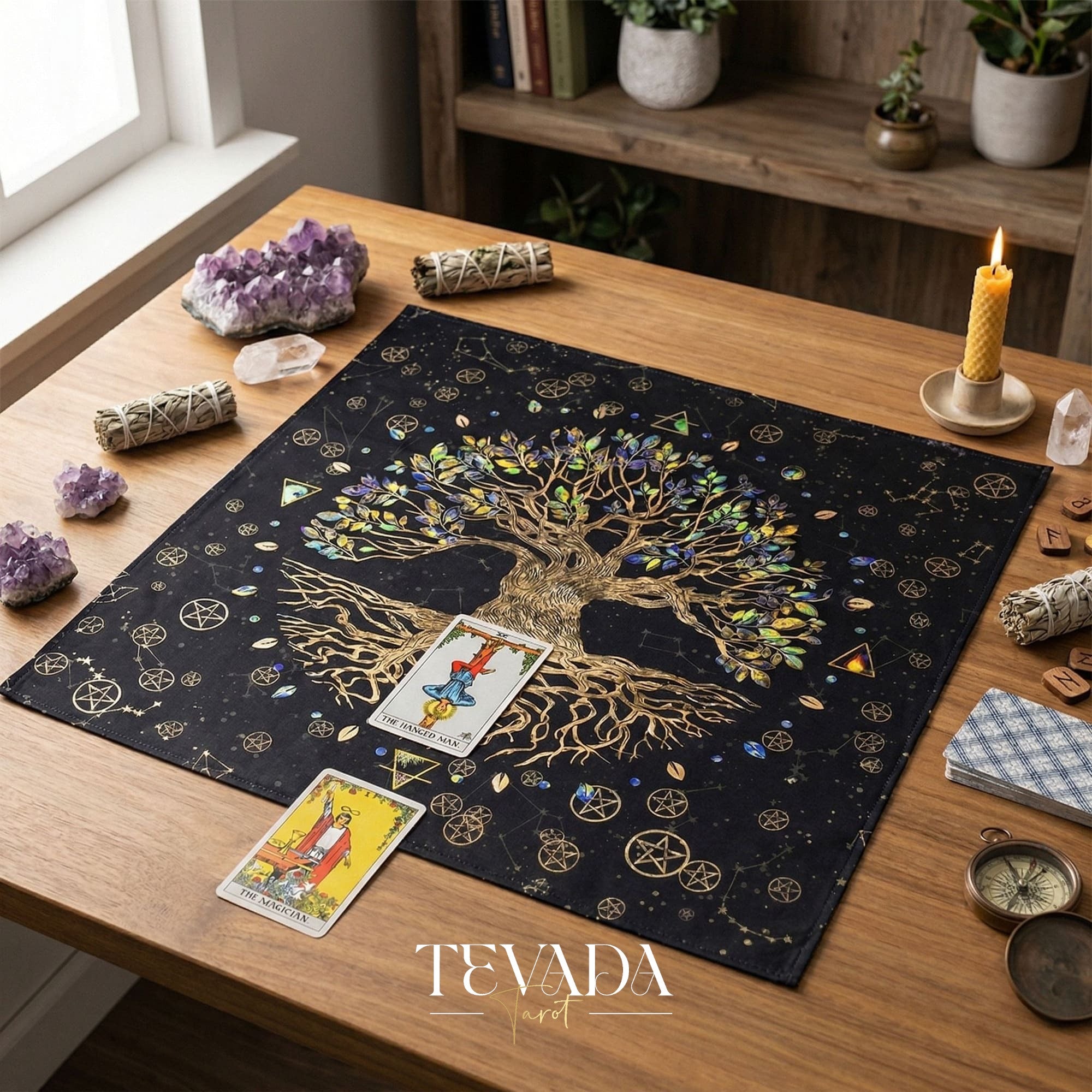 Tree of Life Altar Cloth and Tarot Pouch in dark crushed velvet for sacred space decor and psychic energy protection.