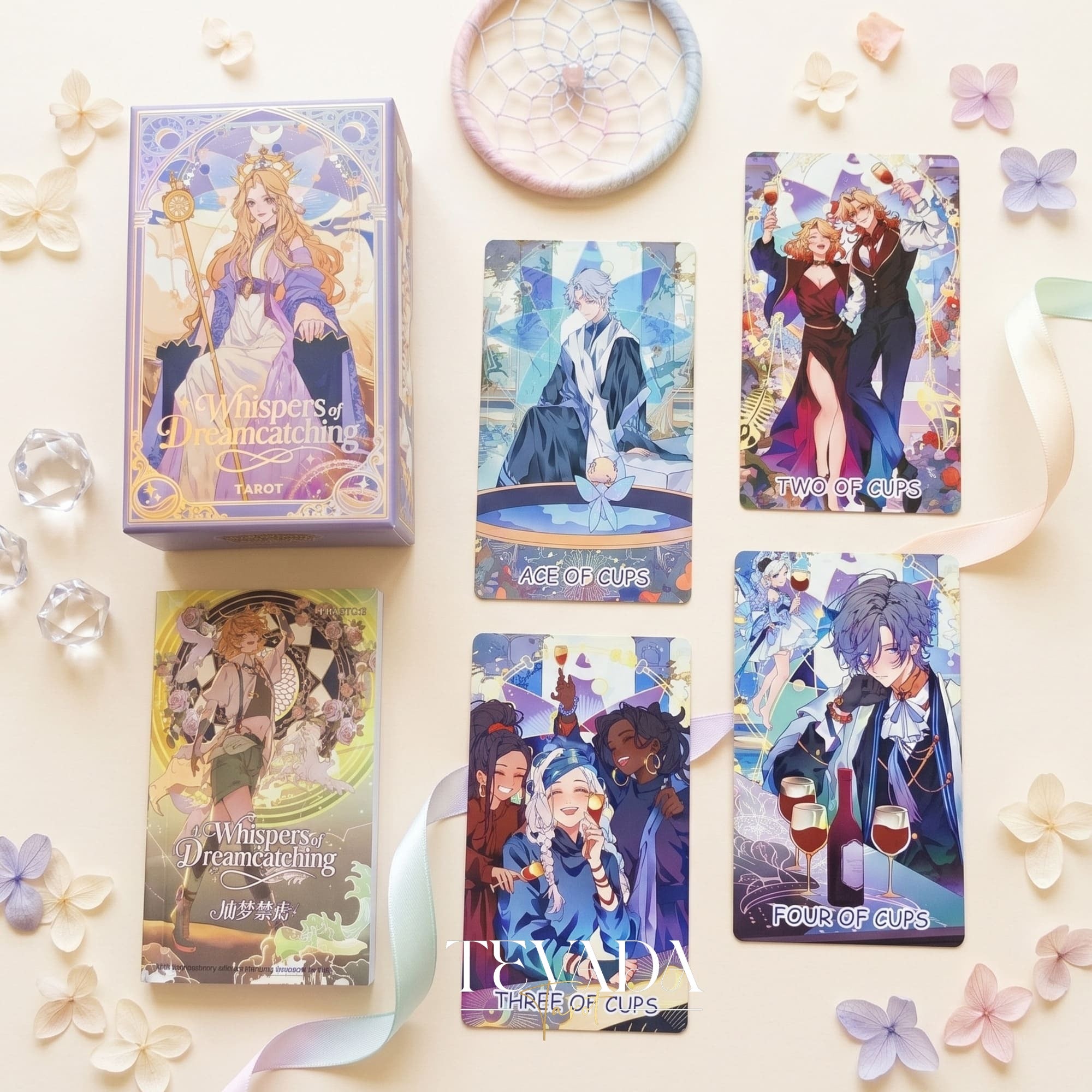 Whispers of Dream Catching Tarot Deck ULTRA Edt ACG fantasy indie tarot deck with metallic purple edges for inner healing.