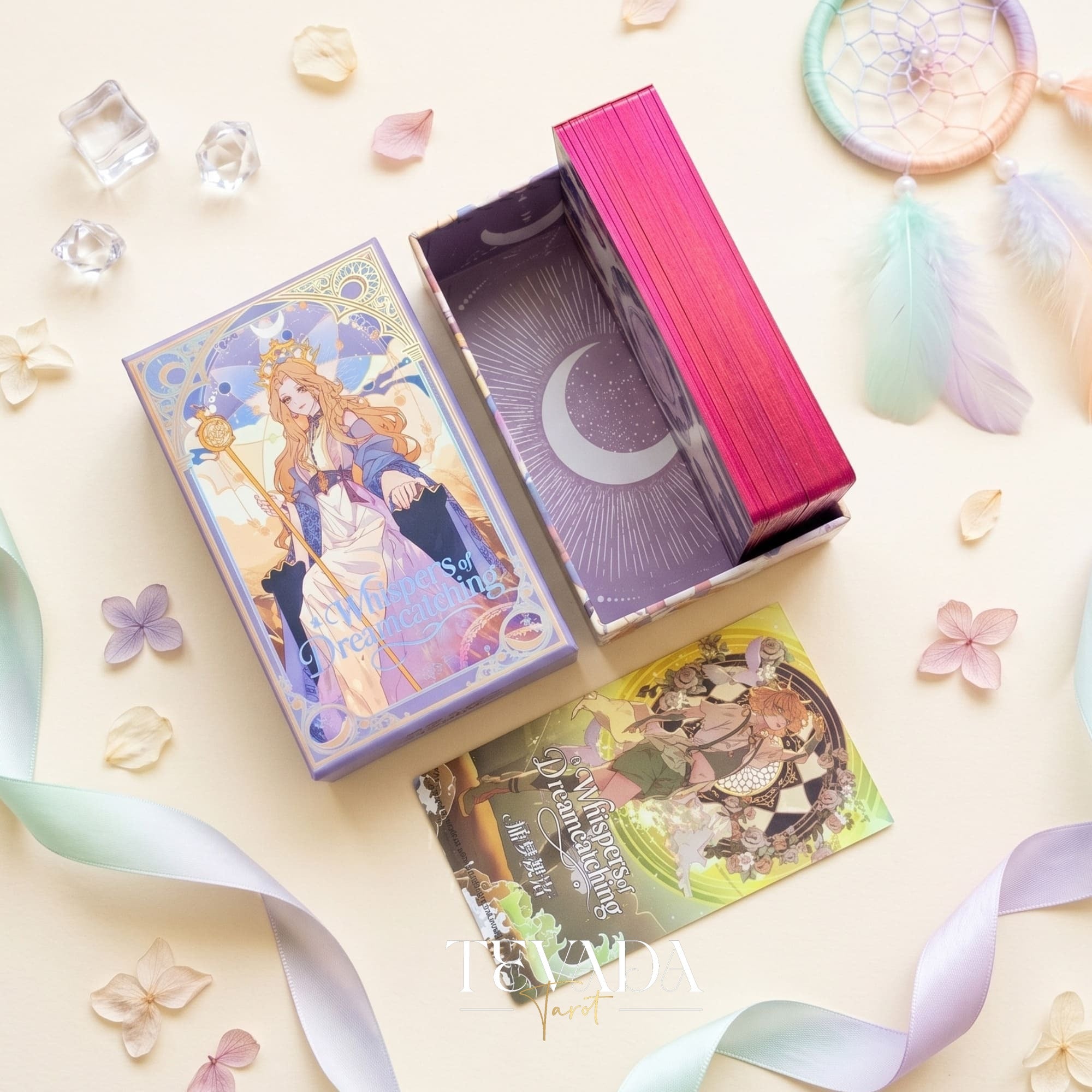 Whispers of Dream Catching Tarot Deck ULTRA Edt ACG fantasy indie tarot deck with metallic purple edges for inner healing.