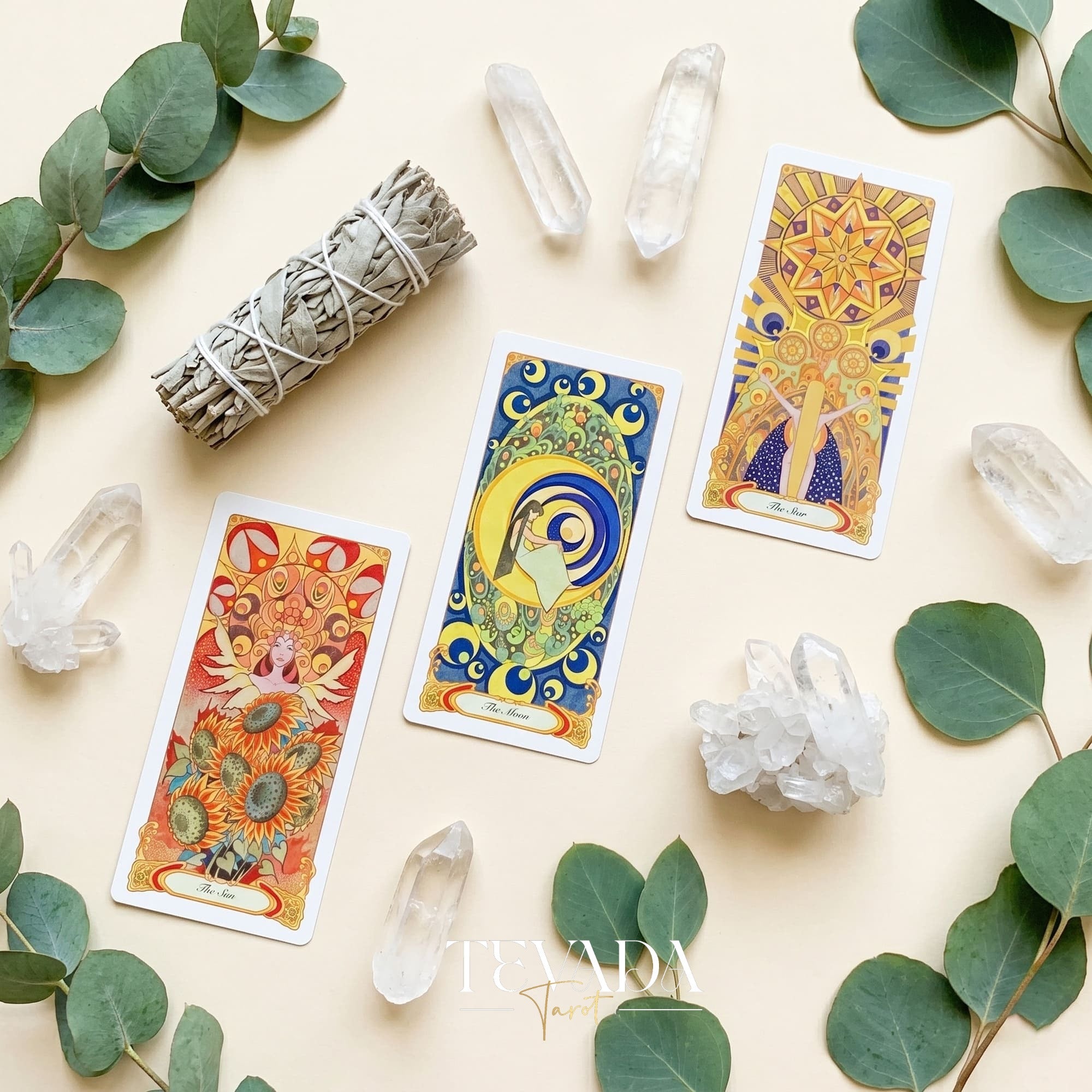 Whispers of Healing Tarot Deck Art Nouveau indie tarot deck with gold foil edges for gentle inner child healing.