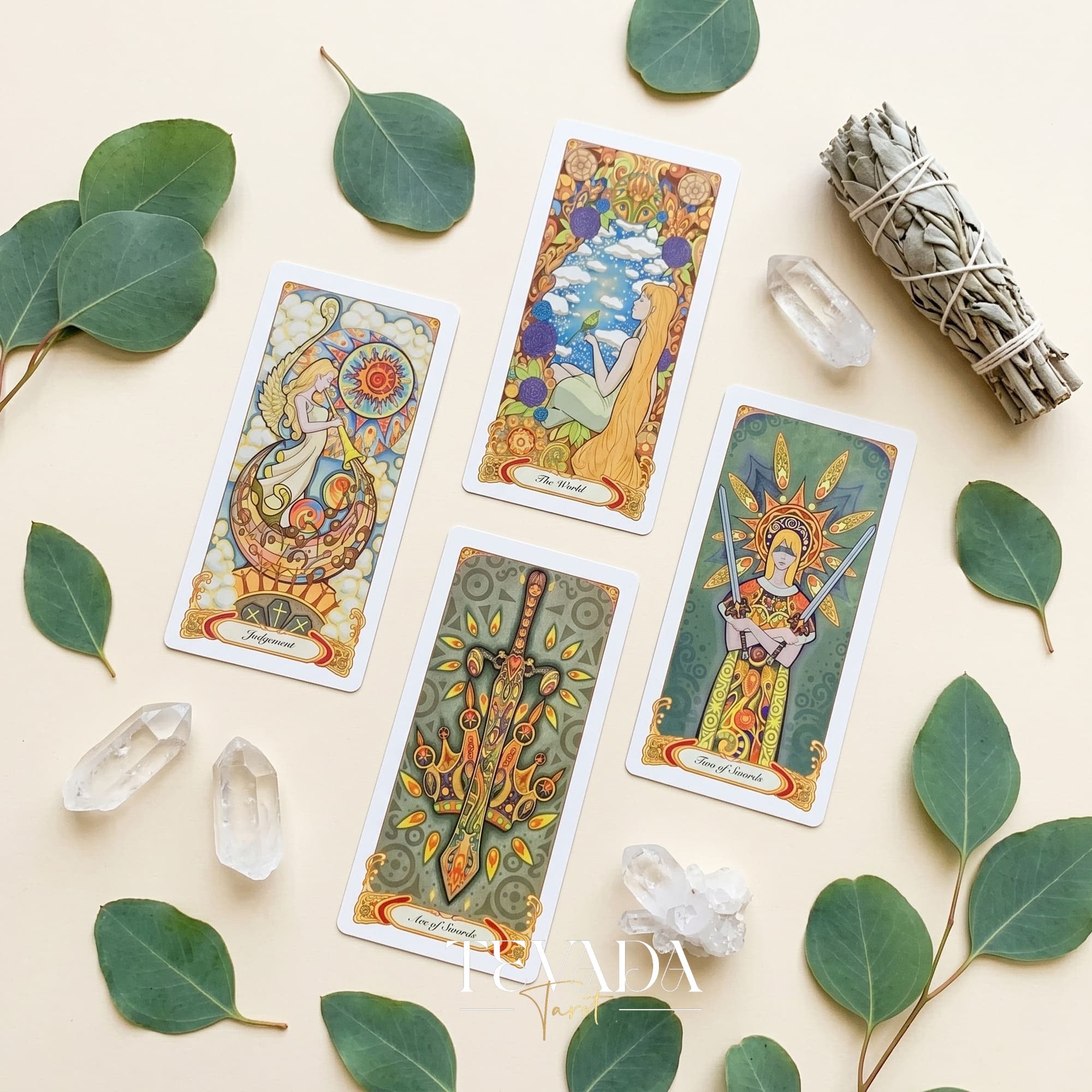 Whispers of Healing Tarot Deck Art Nouveau indie tarot deck with gold foil edges for gentle inner child healing.