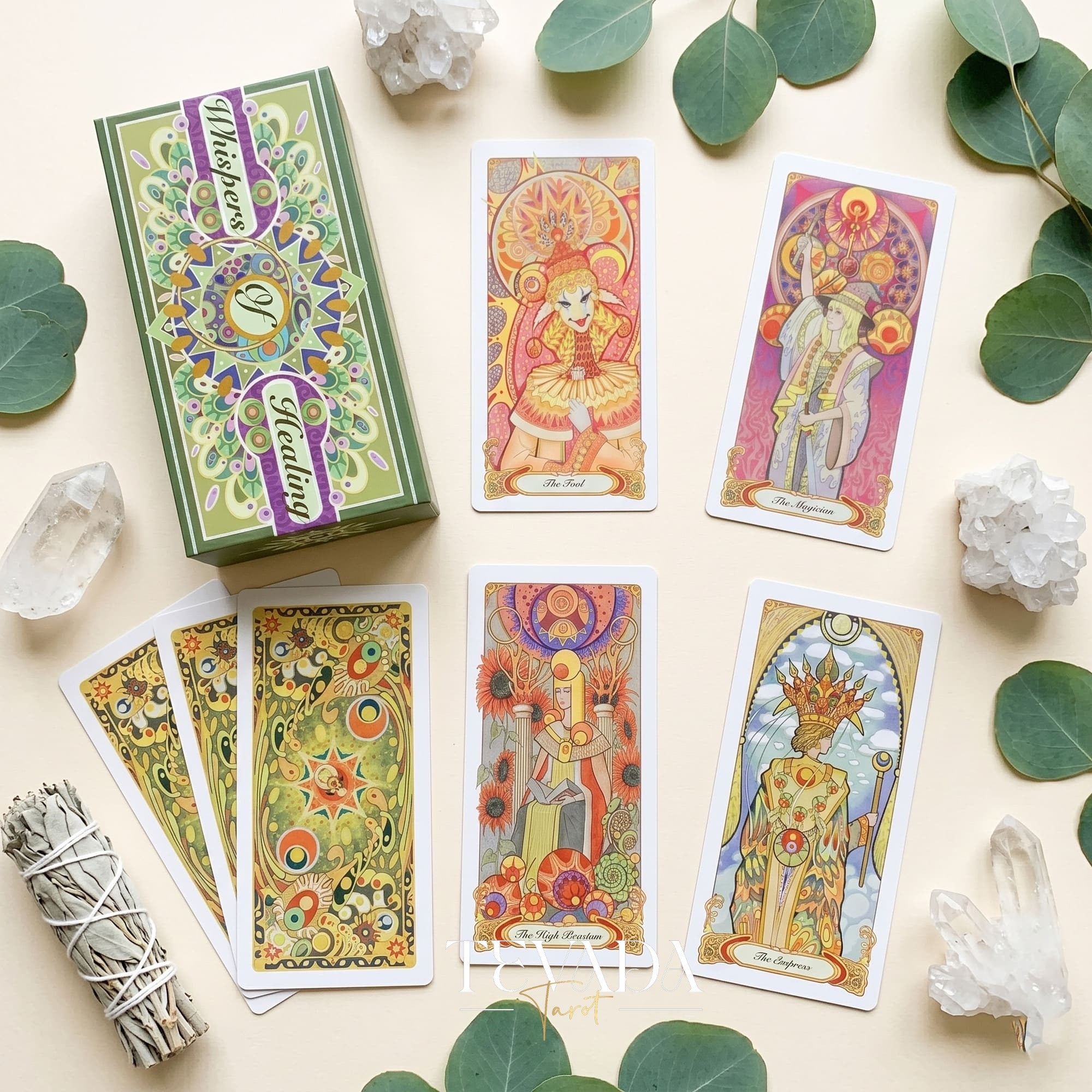 Whispers of Healing Tarot Deck Art Nouveau indie tarot deck with gold foil edges for gentle inner child healing.