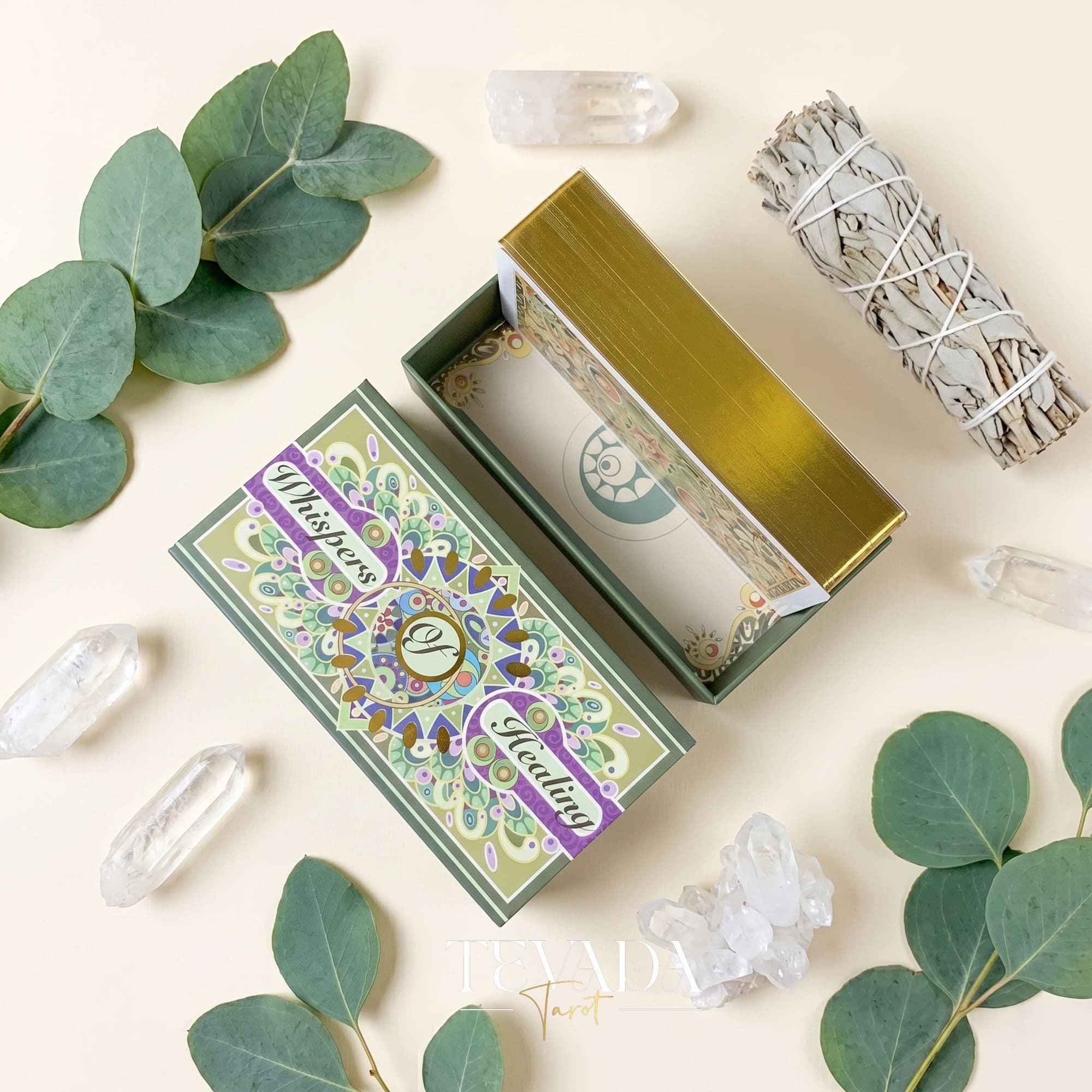 Whispers of Healing Tarot Deck Art Nouveau indie tarot deck with gold foil edges for gentle inner child healing.