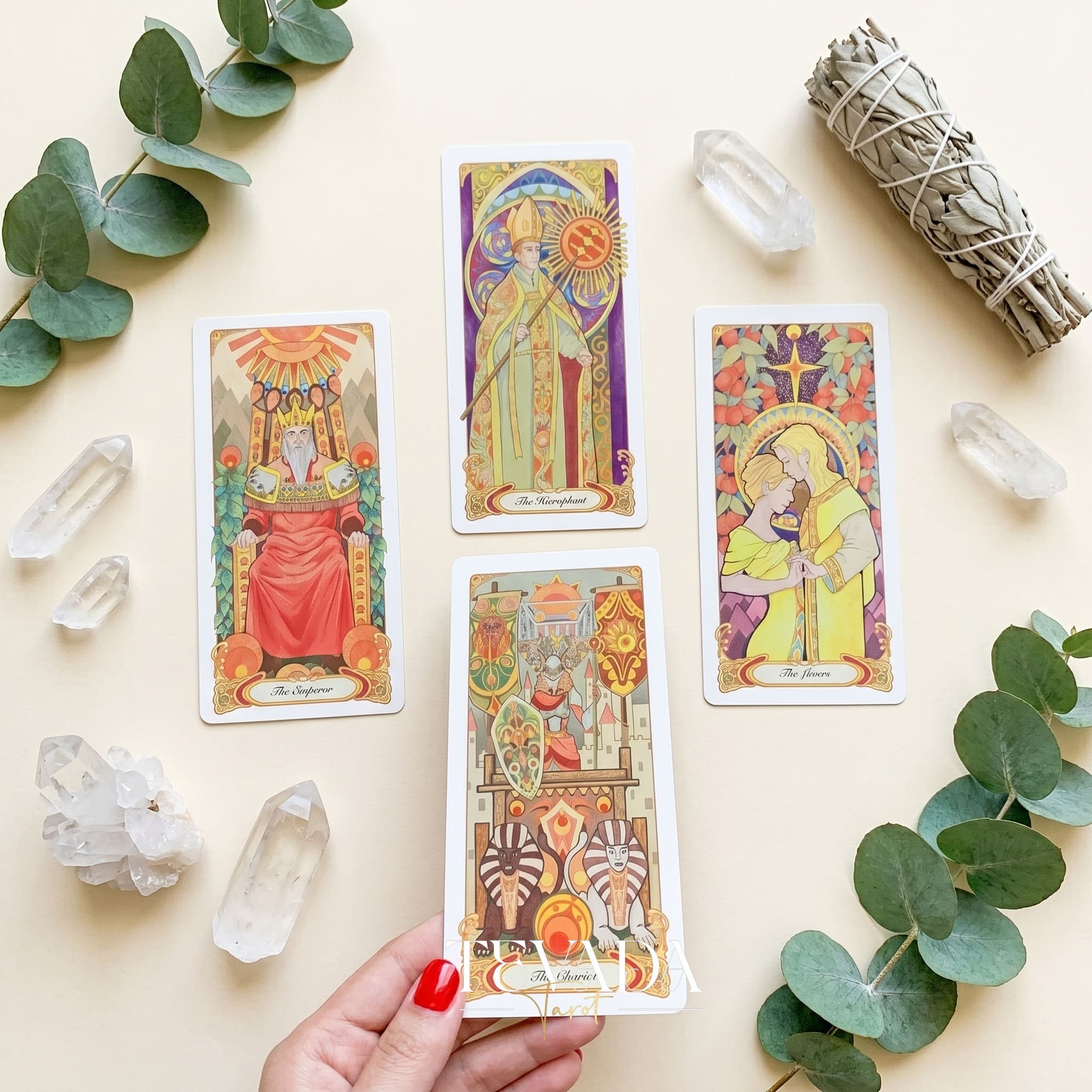 Whispers of Healing Tarot Deck Art Nouveau indie tarot deck with gold foil edges for gentle inner child healing.
